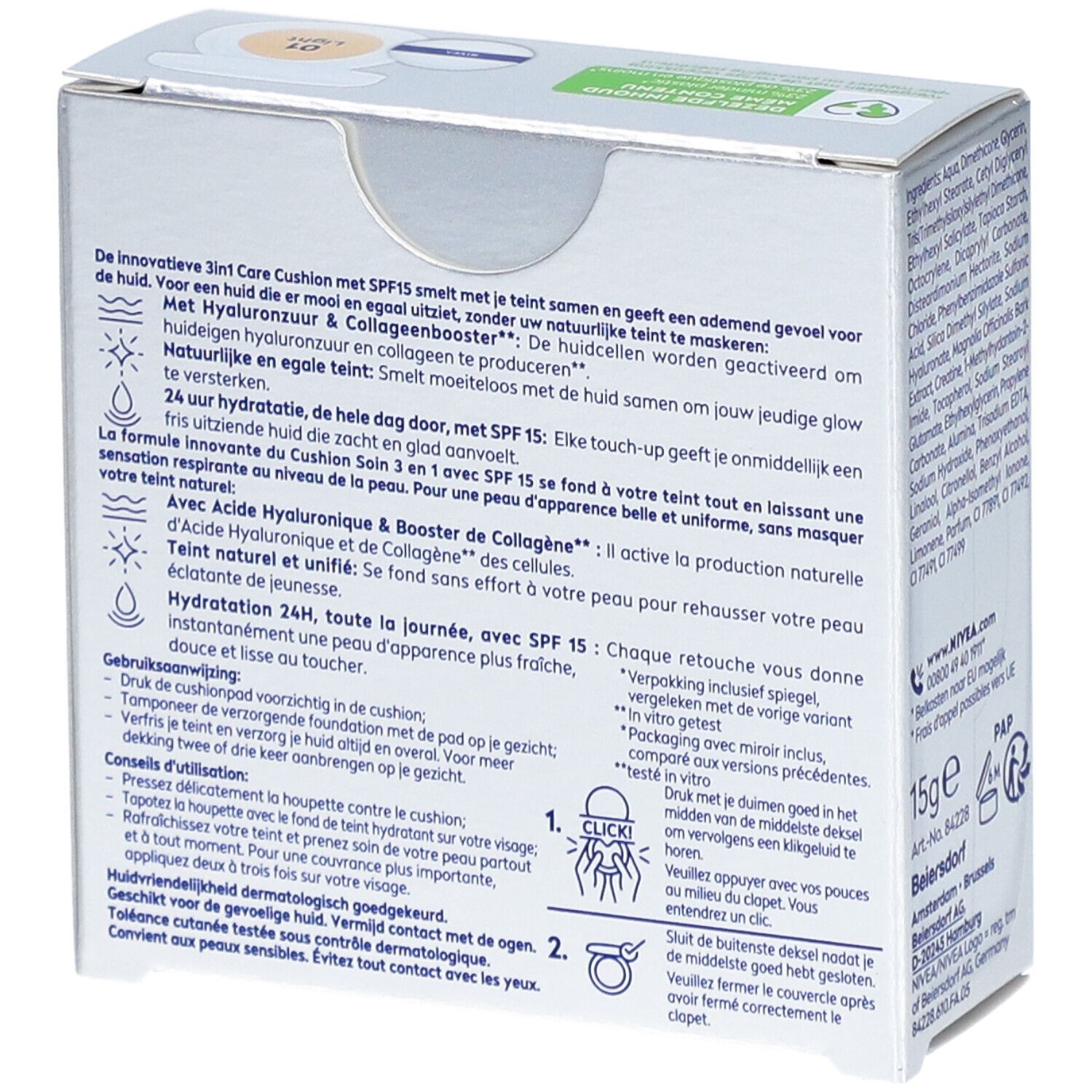 Rückseite der NIVEA Cellular 3-in-1 Care Cushion Verpackung. Produktbeschreibung und Anwendungshinweise.