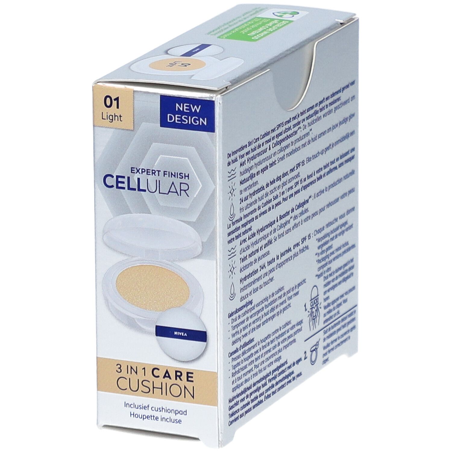 NIVEA Cellular 3-in-1 Care Cushion. Verpackung mit Produkt und Schwämmchen. Farbton 01 Light. Ansicht von oben.