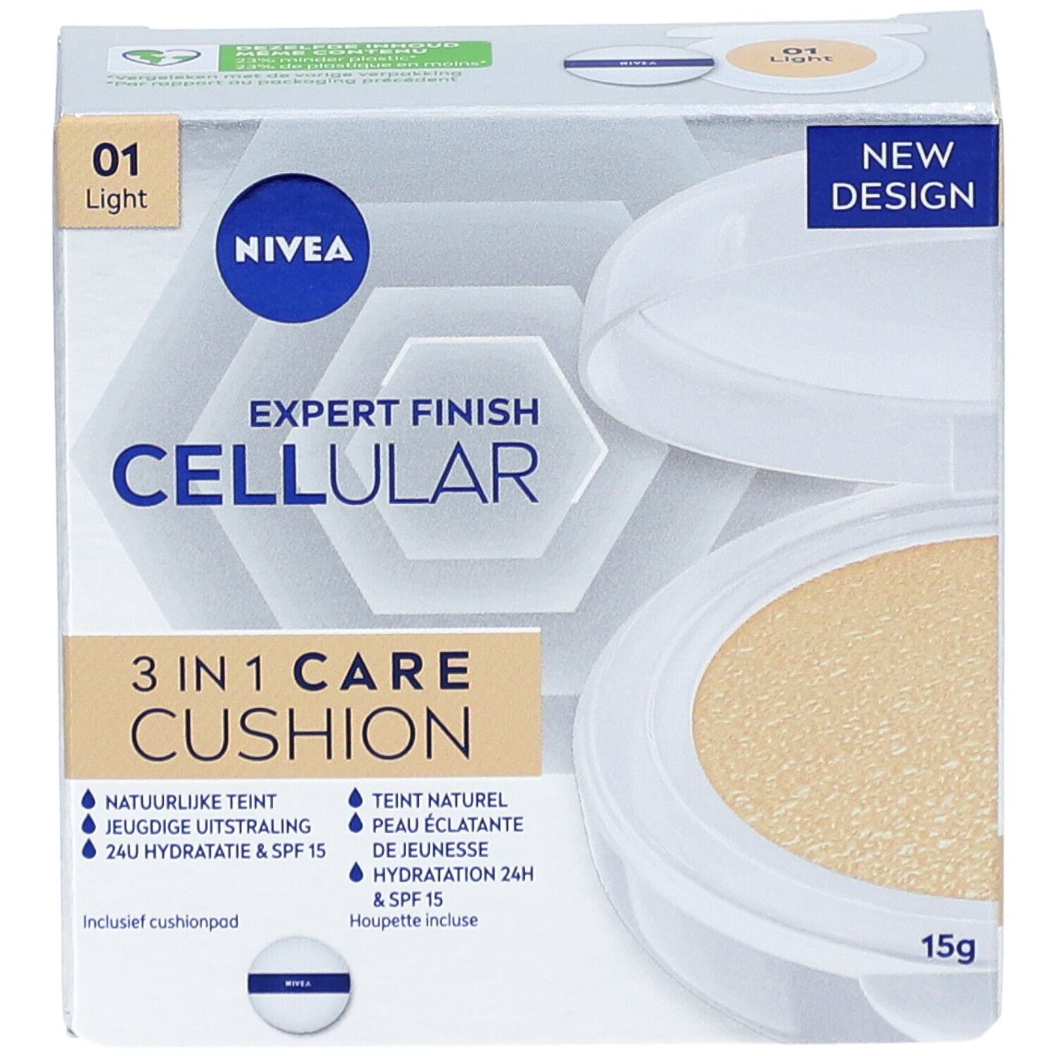 NIVEA Cellular 3-in-1 Care Cushion. Verpackung mit Produkt und Schwämmchen. Farbton 01 Light. 15g.