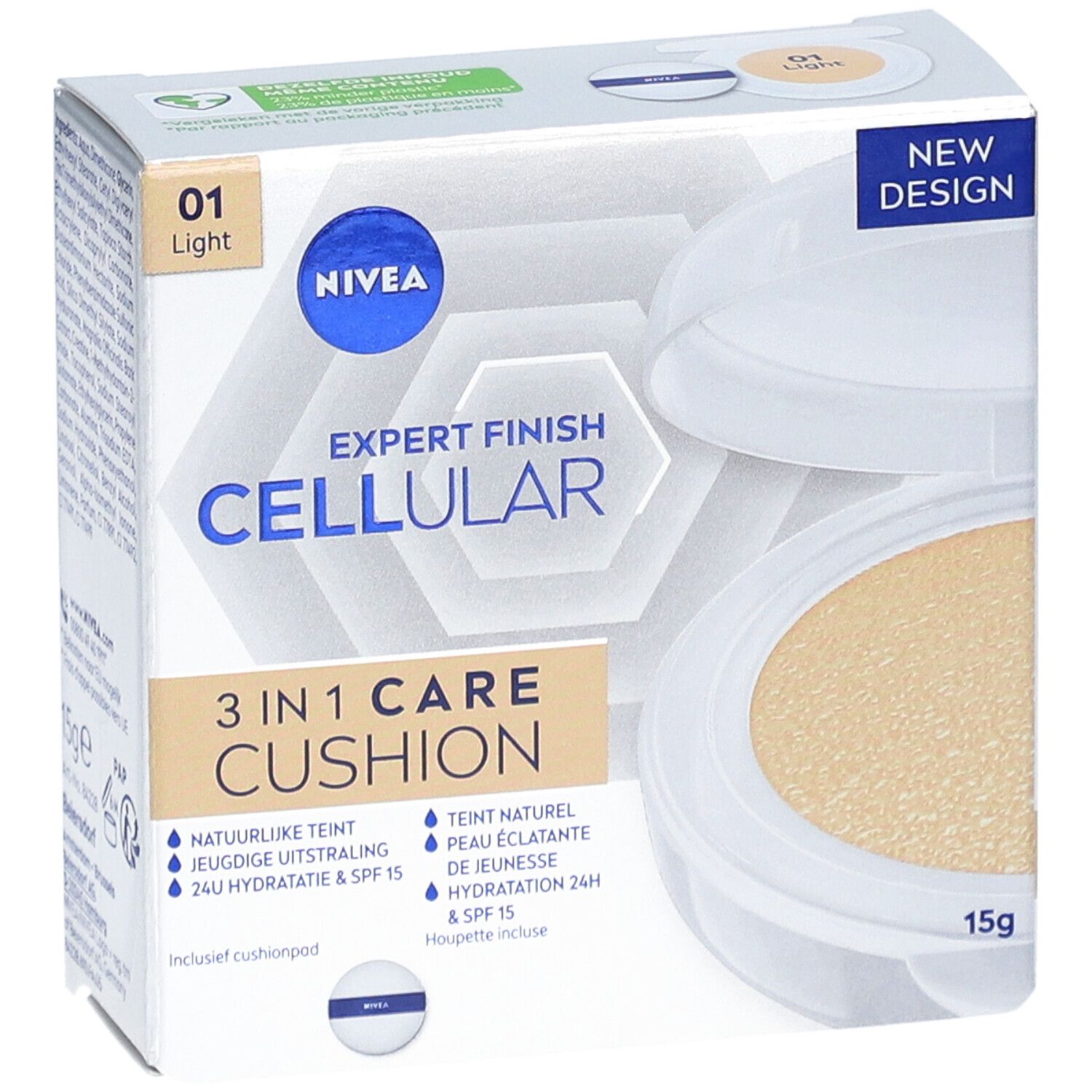 NIVEA Cellular 3-in-1 Care Cushion. Verpackung mit Produkt und Schwämmchen. Farbton 01 Light. 15g.