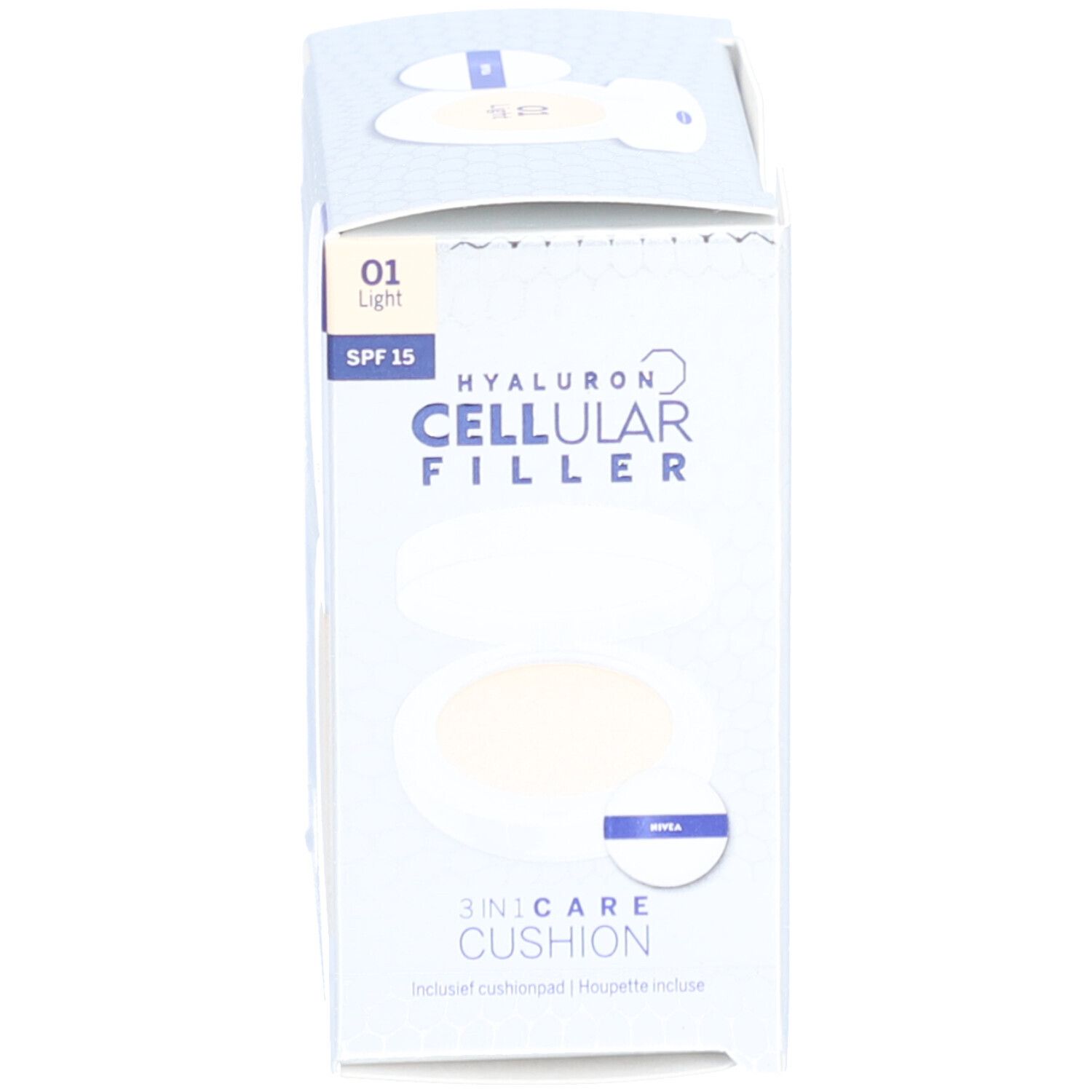 NIVEA Hyaluron Cellular Filler 3-in-1 Care Cushion. Farbton 01 Light. Verpackung mit Produkt und Schwämmchen.
