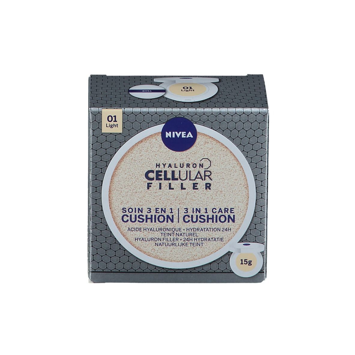 NIVEA Hyaluron Cellular Filler 3-in-1 Care Cushion. Produkt und Verpackung. 15g. Farbton 01 Light.