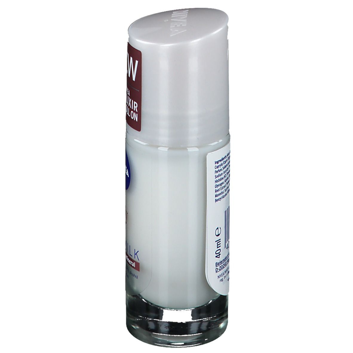 Roll-on NIVEA Deomilk. Bouteille blanche avec bouchon blanc. Étiquettes bleues et rouges. 40 ml.