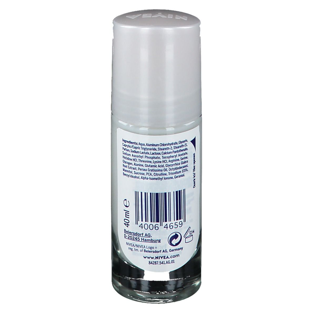 Roll-on NIVEA Deomilk. Dos de la bouteille avec ingrédients et code-barres. 40 ml.
