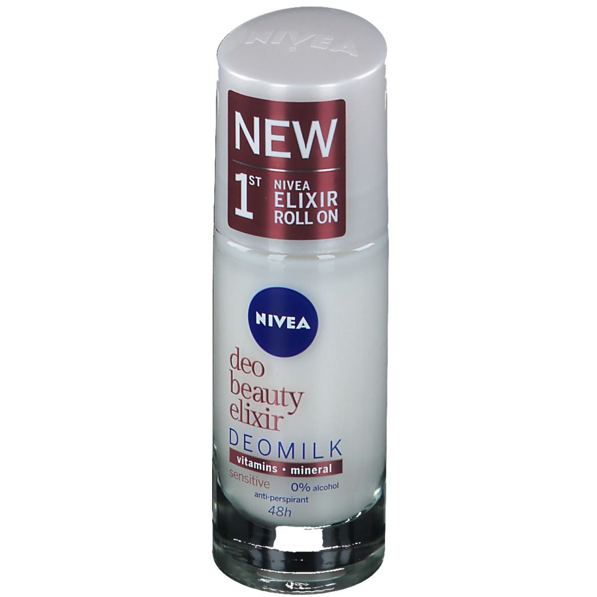 Roll-on NIVEA Deomilk. Bouteille blanche avec bouchon blanc. Étiquette rouge et bleue. 40 ml.