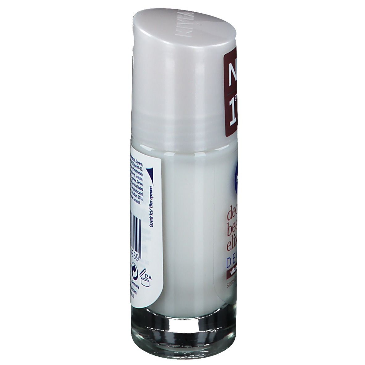 Roll-on NIVEA Deomilk. Bouteille blanche avec bouchon blanc. Étiquette rouge et bleue. 40 ml.