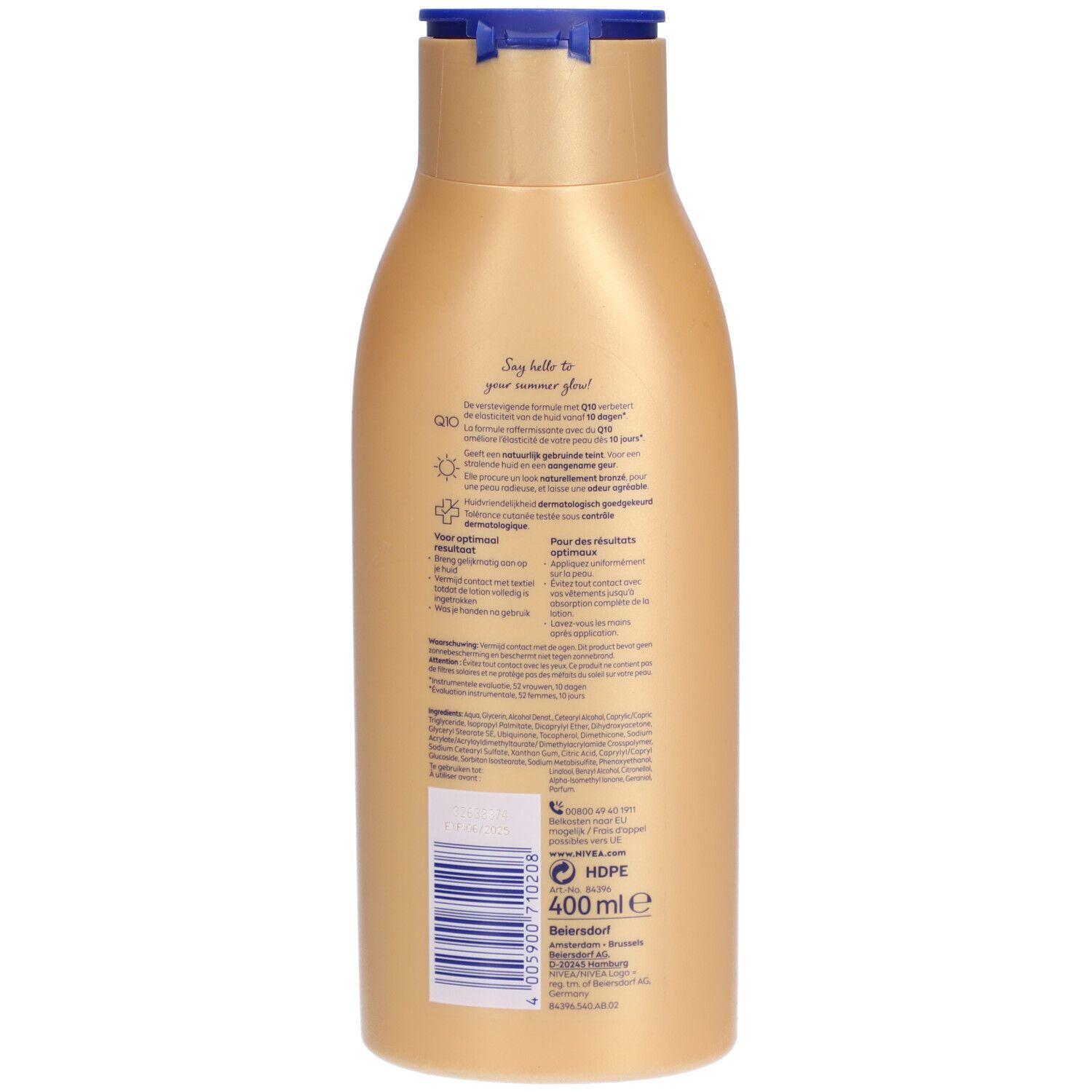 Rückseite der goldfarbenen NIVEA Body Lotion + Bronze Flasche. Text und Informationen. Blauer Deckel. 400 ml.