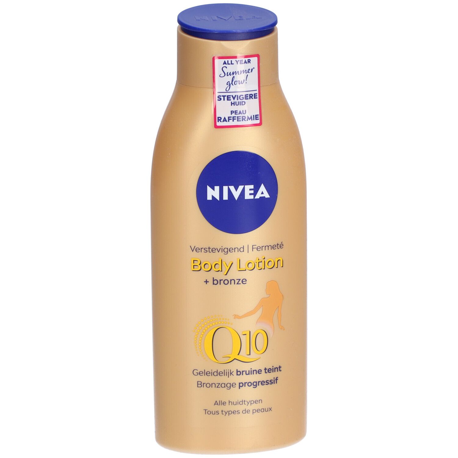 Goldfarbene Flasche NIVEA Body Lotion + Bronze. Blauer Deckel, weißer Aufkleber. Text: Verstevigend, Fermeté, Q10, Bronzage progressif.