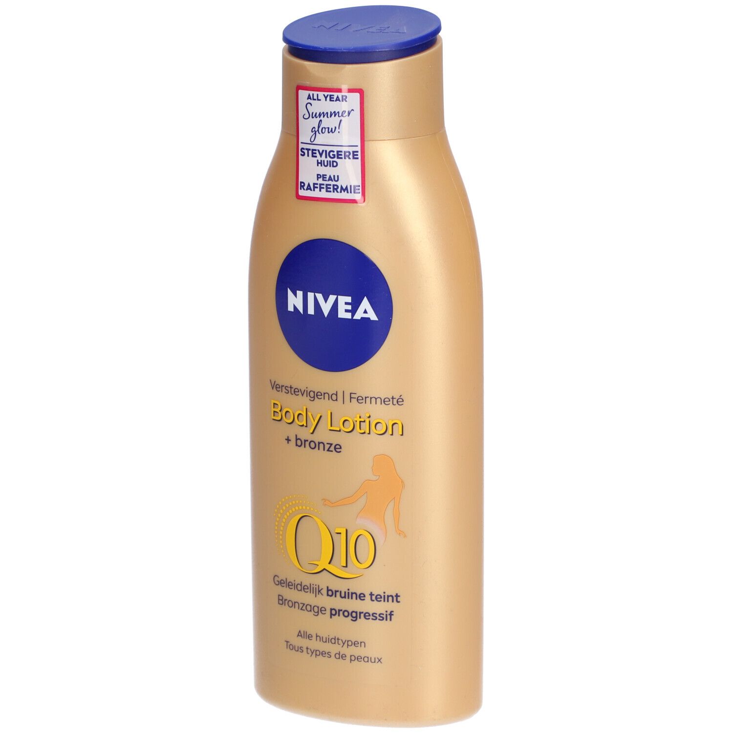 Goldfarbene Flasche NIVEA Body Lotion + Bronze. Blauer Deckel, weißer Aufkleber. Text: Verstevigend, Fermeté, Q10, Bronzage progressif.