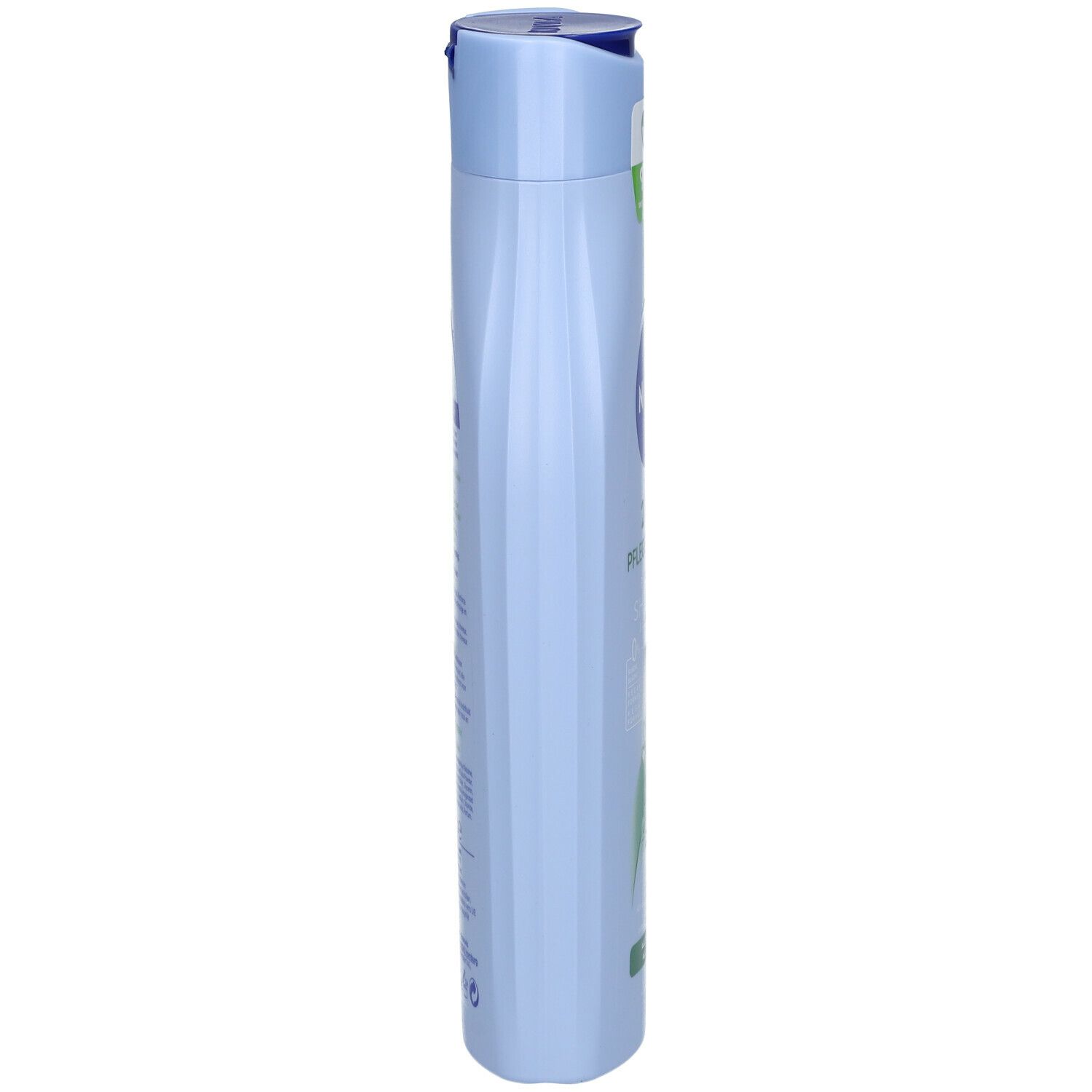 Hellblaue Flasche, Seitenansicht. Nivea-Logo oben. Text und Grafiken auf der Vorderseite. Klappverschluss.