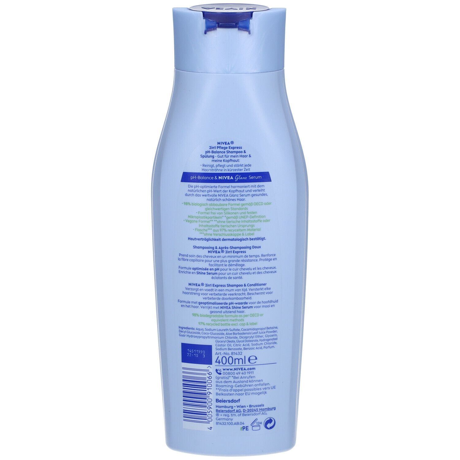 Rückseite einer hellblauen Flasche. Text in Deutsch, Informationen zum Produkt. Nivea-Logo. 400ml. Barcode.