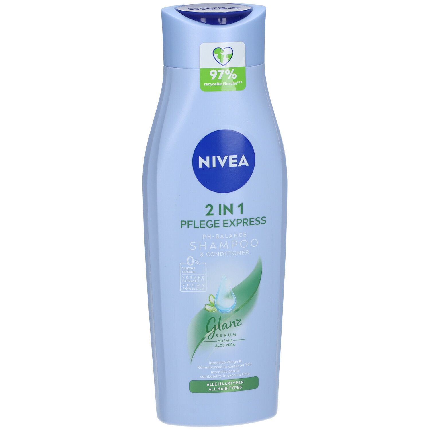 Hellblaue Flasche mit Nivea-Logo und Aufschrift 2 in 1 Pflege Express Shampoo & Conditioner. Grün-weiße Grafik.