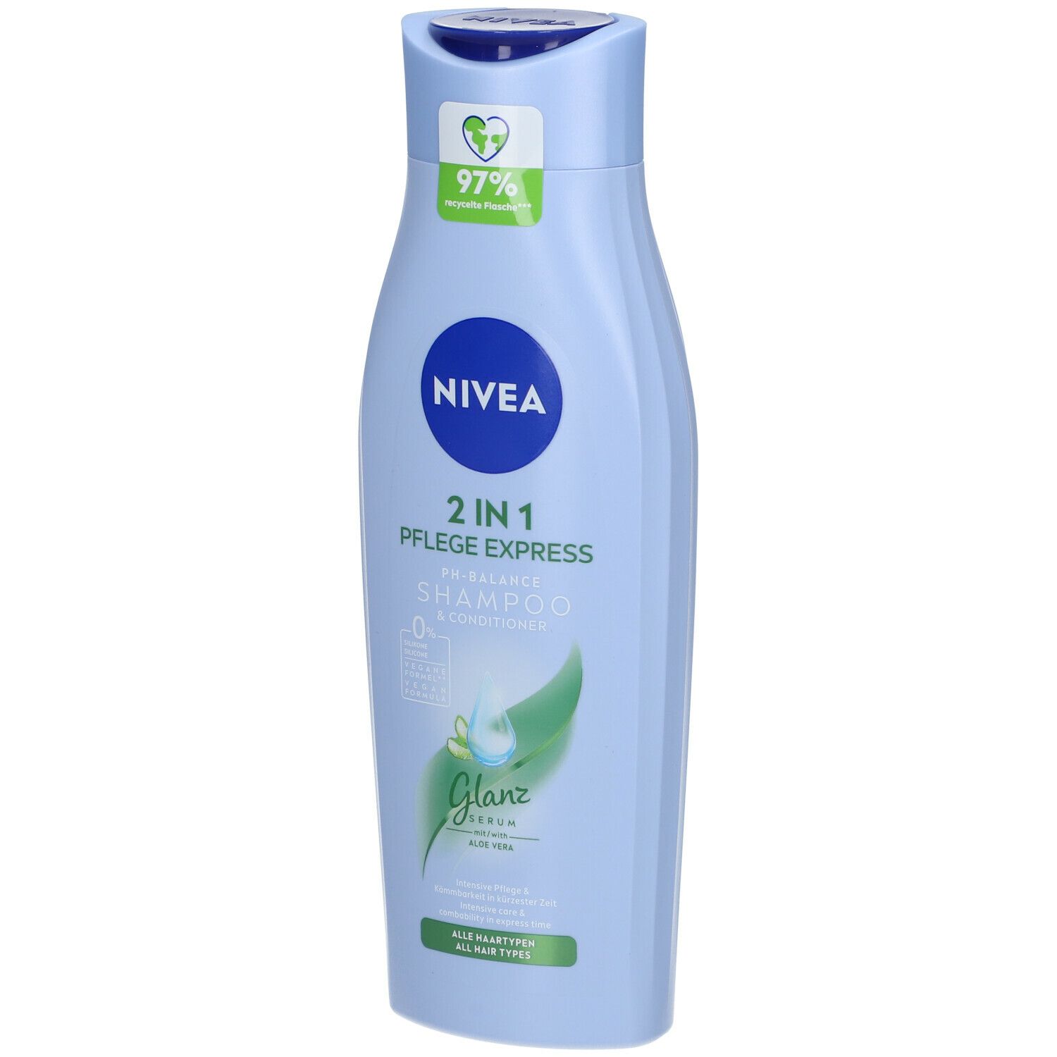 Hellblaue Flasche mit Nivea-Logo und Aufschrift 2 in 1 Pflege Express Shampoo & Conditioner. Grün-weiße Grafik.