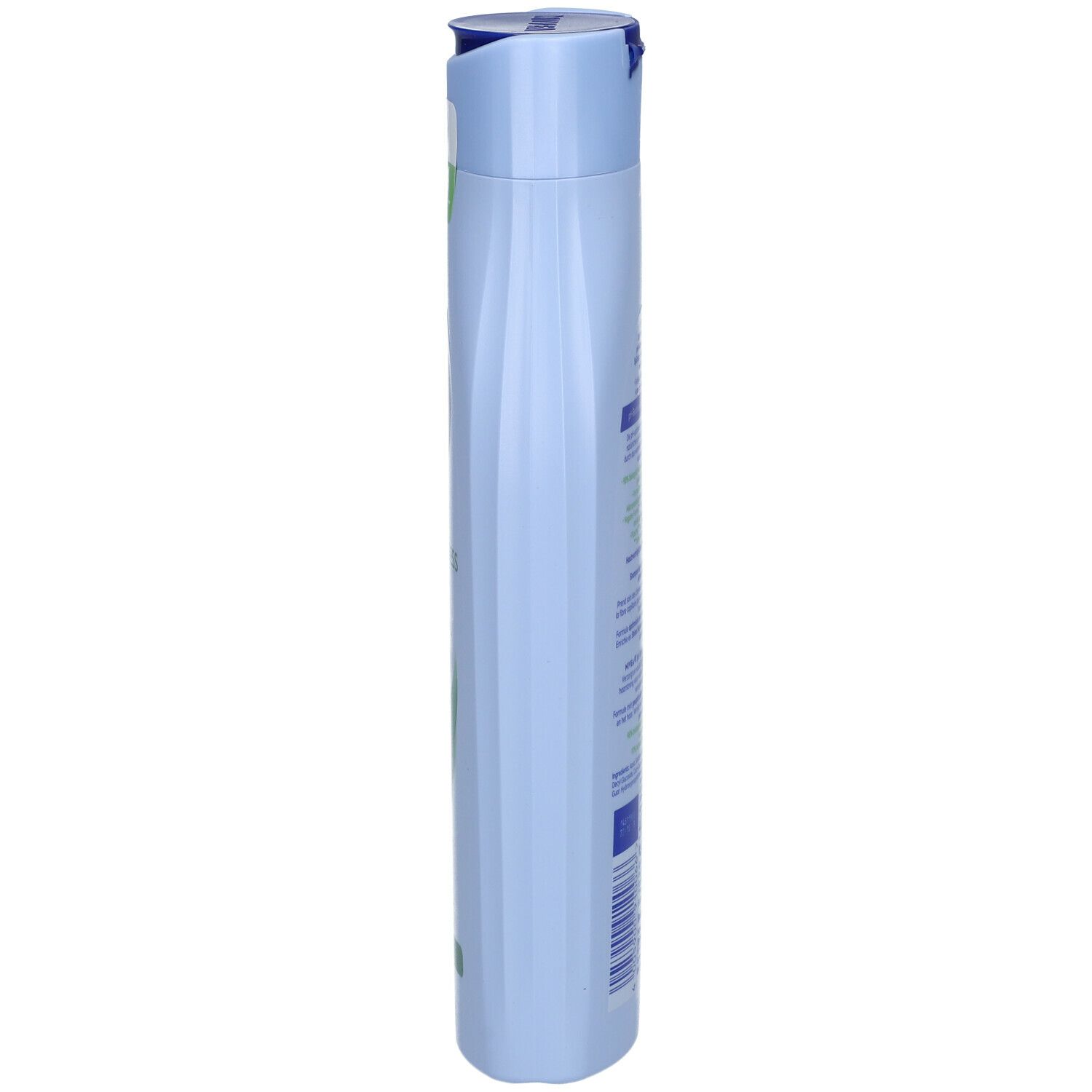 Hellblaue Flasche, Seitenansicht. Nivea-Logo oben. Text und Grafiken auf der Vorderseite. Klappverschluss.