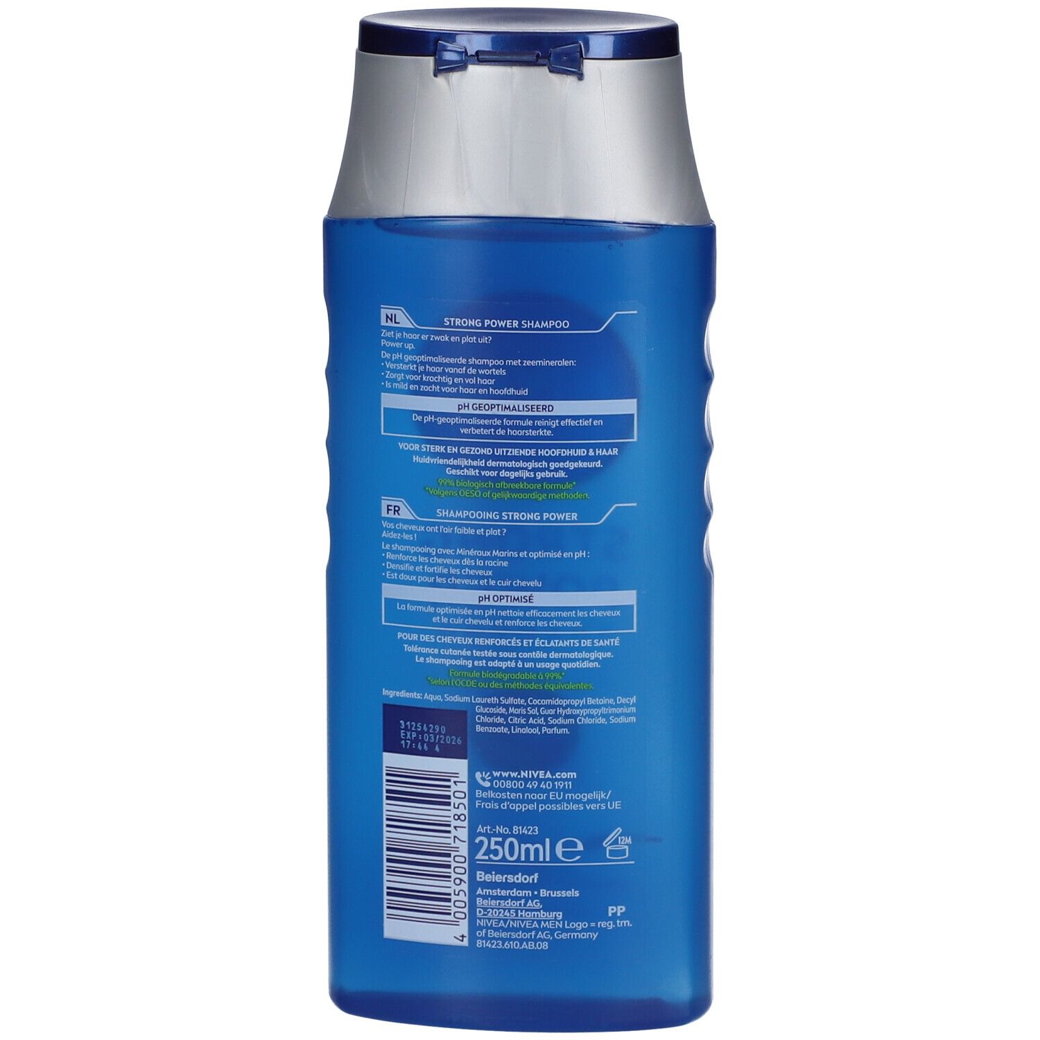 Dos du flacon de shampooing bleu. Texte en plusieurs langues. 250 ml. Informations du fabricant.