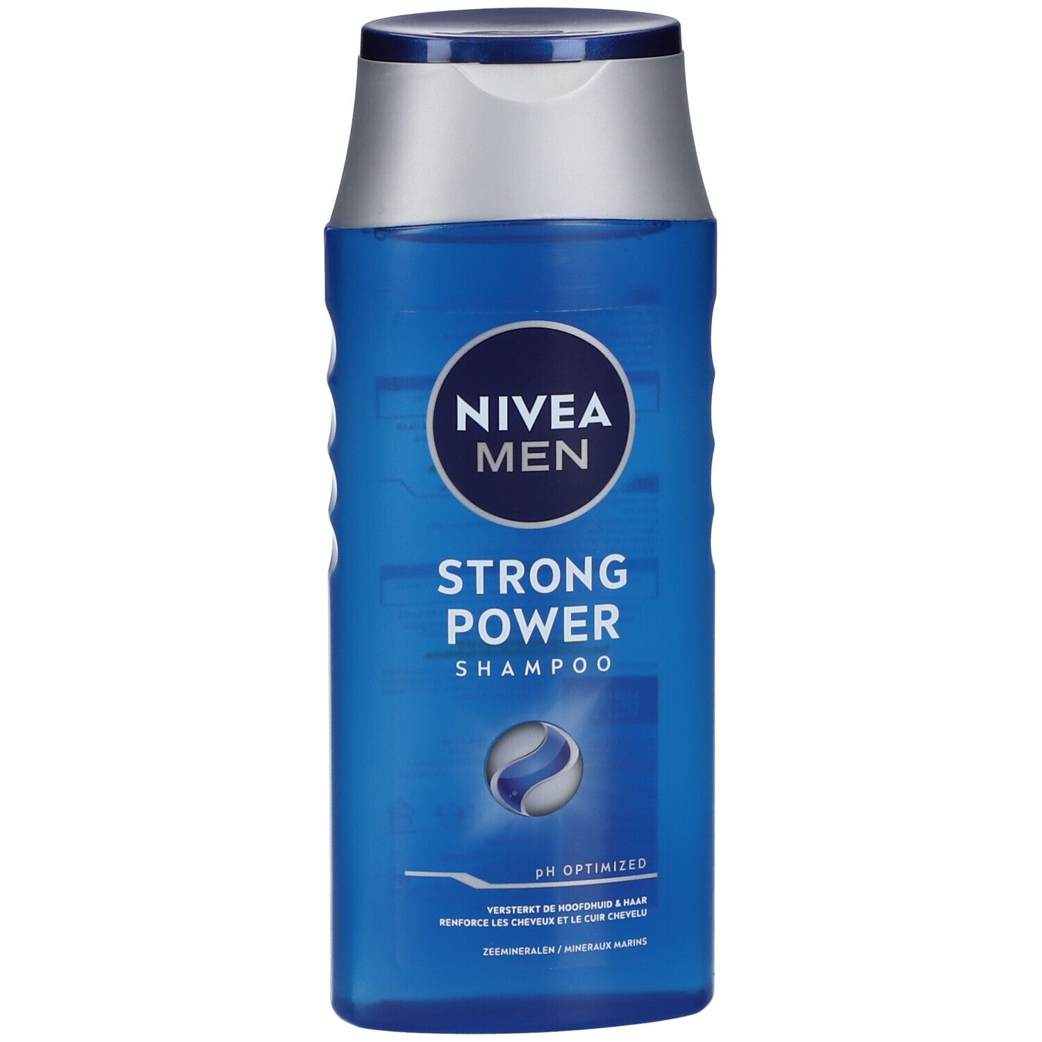 Flacon de shampooing bleu avec bouchon argenté. Inscription : NIVEA MEN, Strong Power Shampoo. pH optimisé.