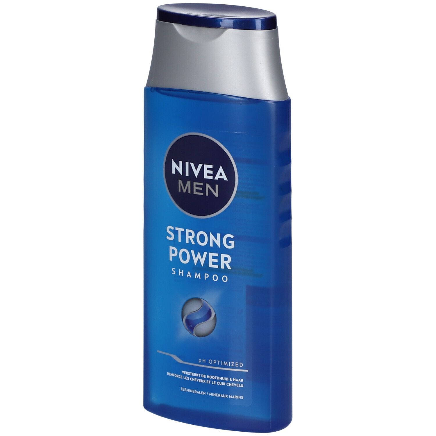 Flacon de shampooing bleu avec bouchon argenté. Inscription : NIVEA MEN, Strong Power Shampoo. pH optimisé.