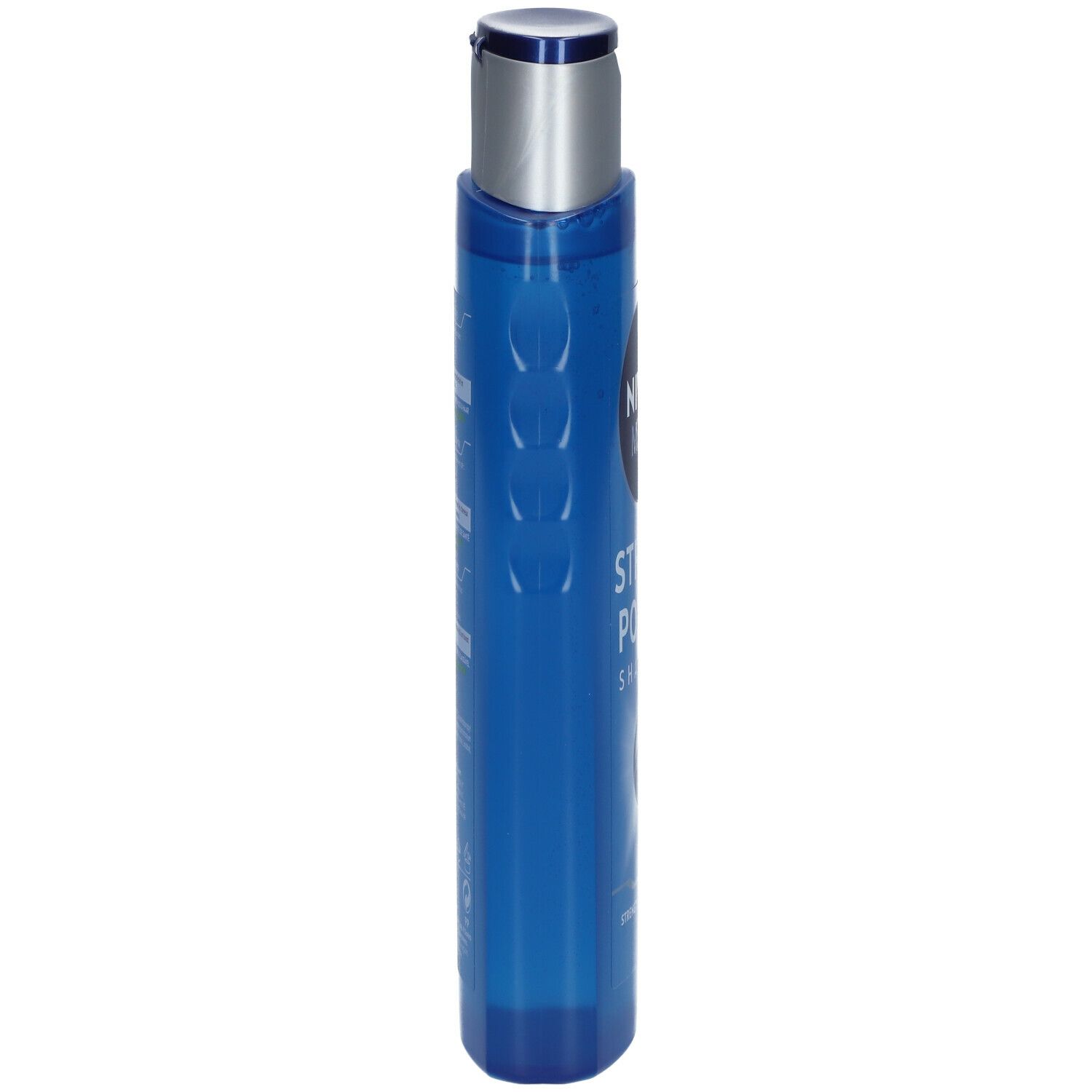 Blaue Flasche NIVEA MEN Shampooing Starke Kraft, Seitenansicht. Silberner Deckel, blaue Flüssigkeit sichtbar.