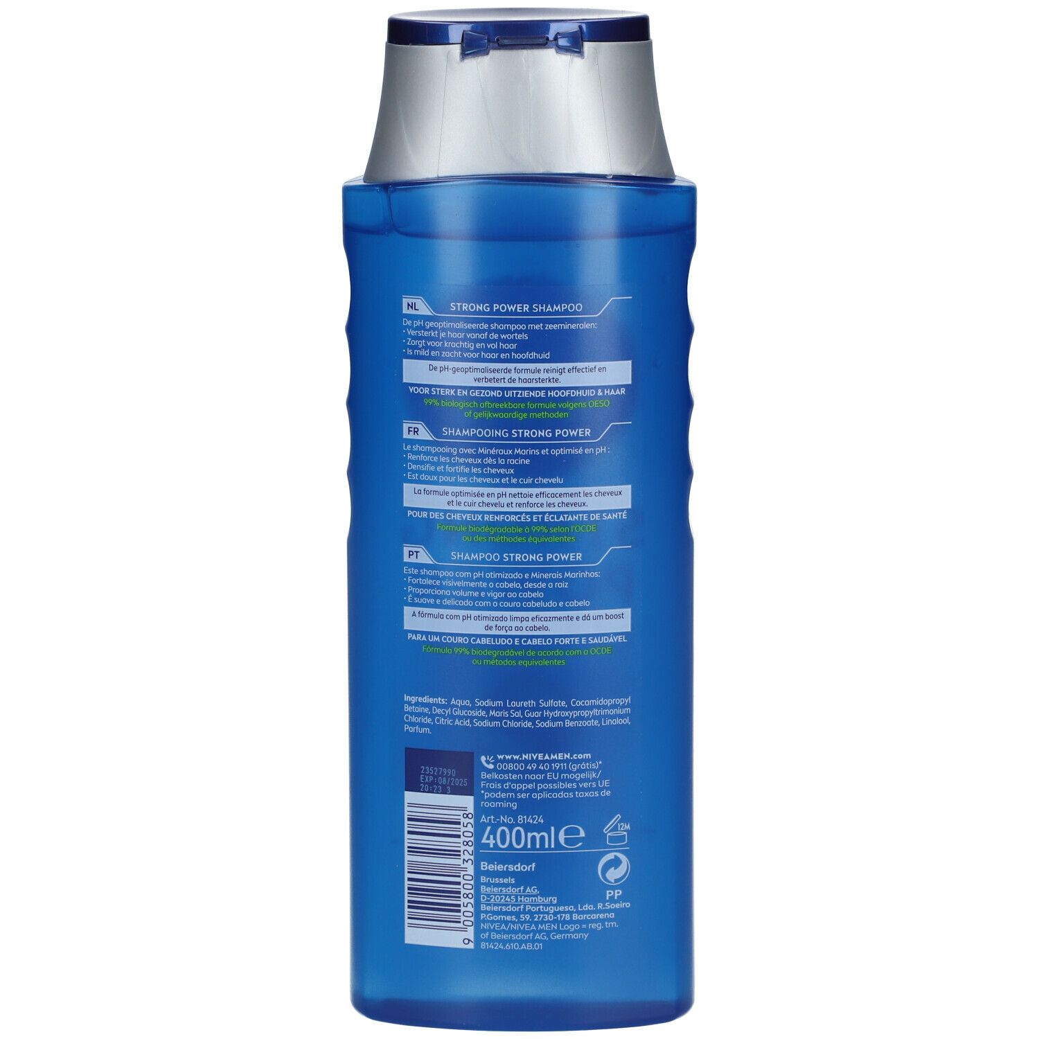 Rückseite der blauen Flasche NIVEA MEN Shampooing Starke Kraft. Text in mehreren Sprachen, Inhaltsstoffe, 400ml.