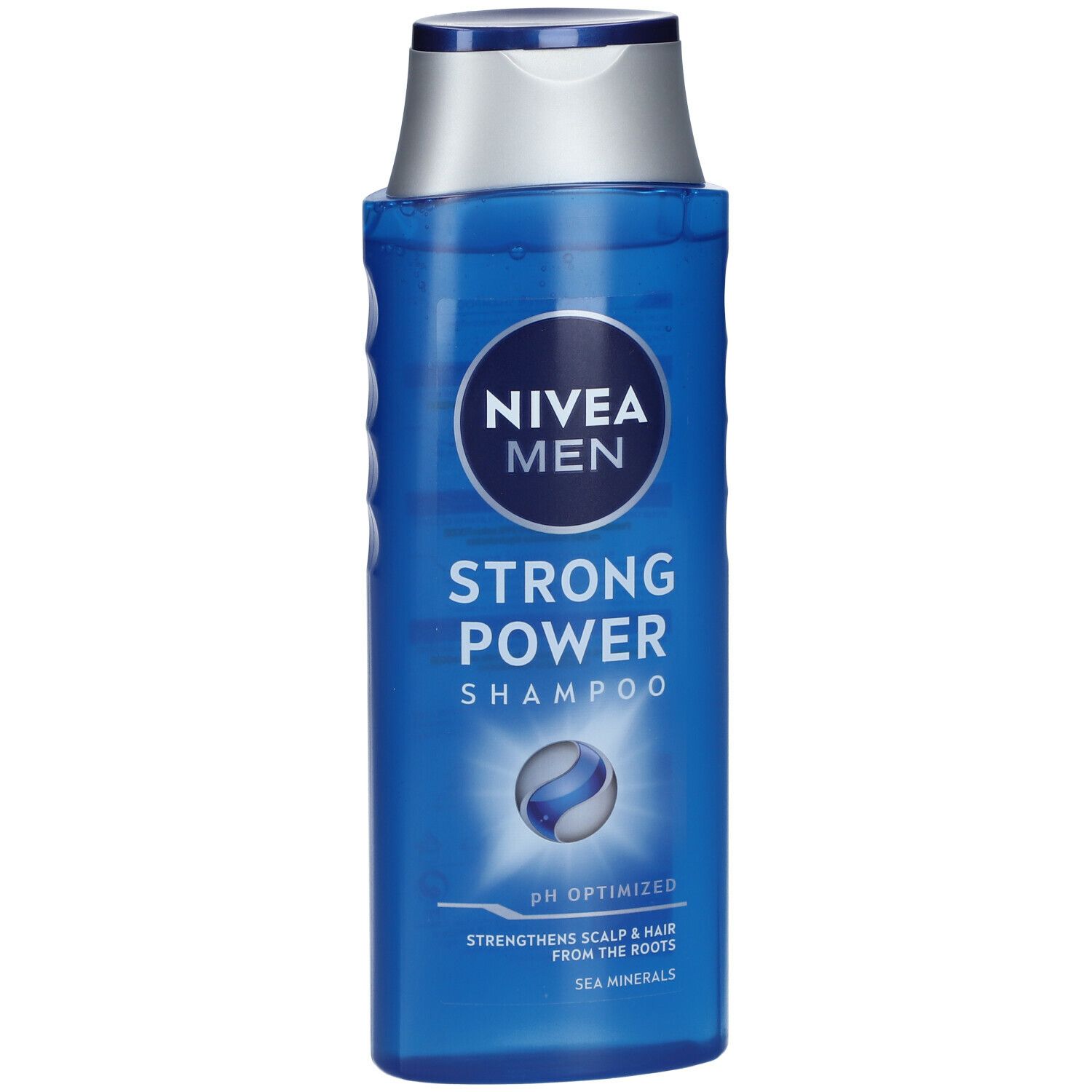 Blaue Flasche NIVEA MEN Shampooing Starke Kraft. Aufschrift: STRONG POWER SHAMPOO, pH-optimiert, Meeresmineralien.