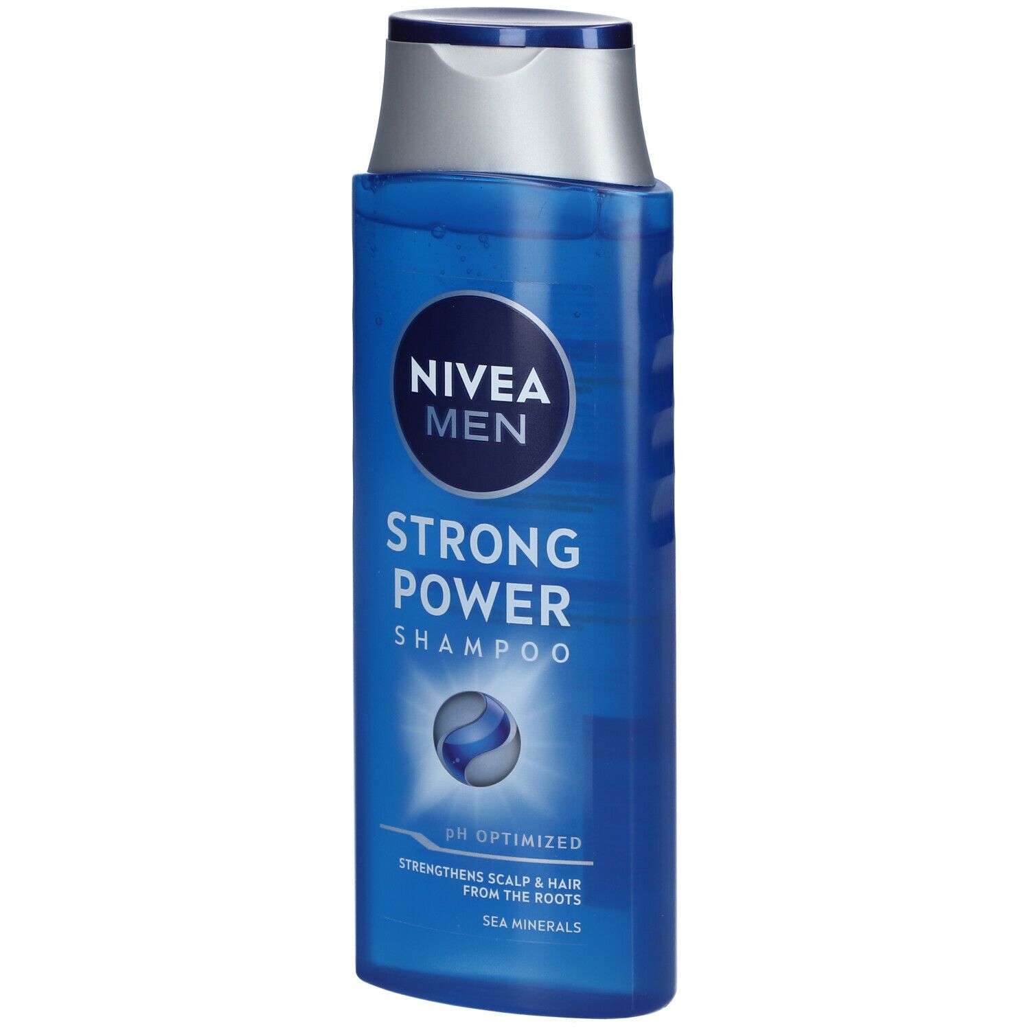 Blaue Flasche NIVEA MEN Shampooing Starke Kraft. Aufschrift: STRONG POWER SHAMPOO, pH-optimiert, Meeresmineralien.