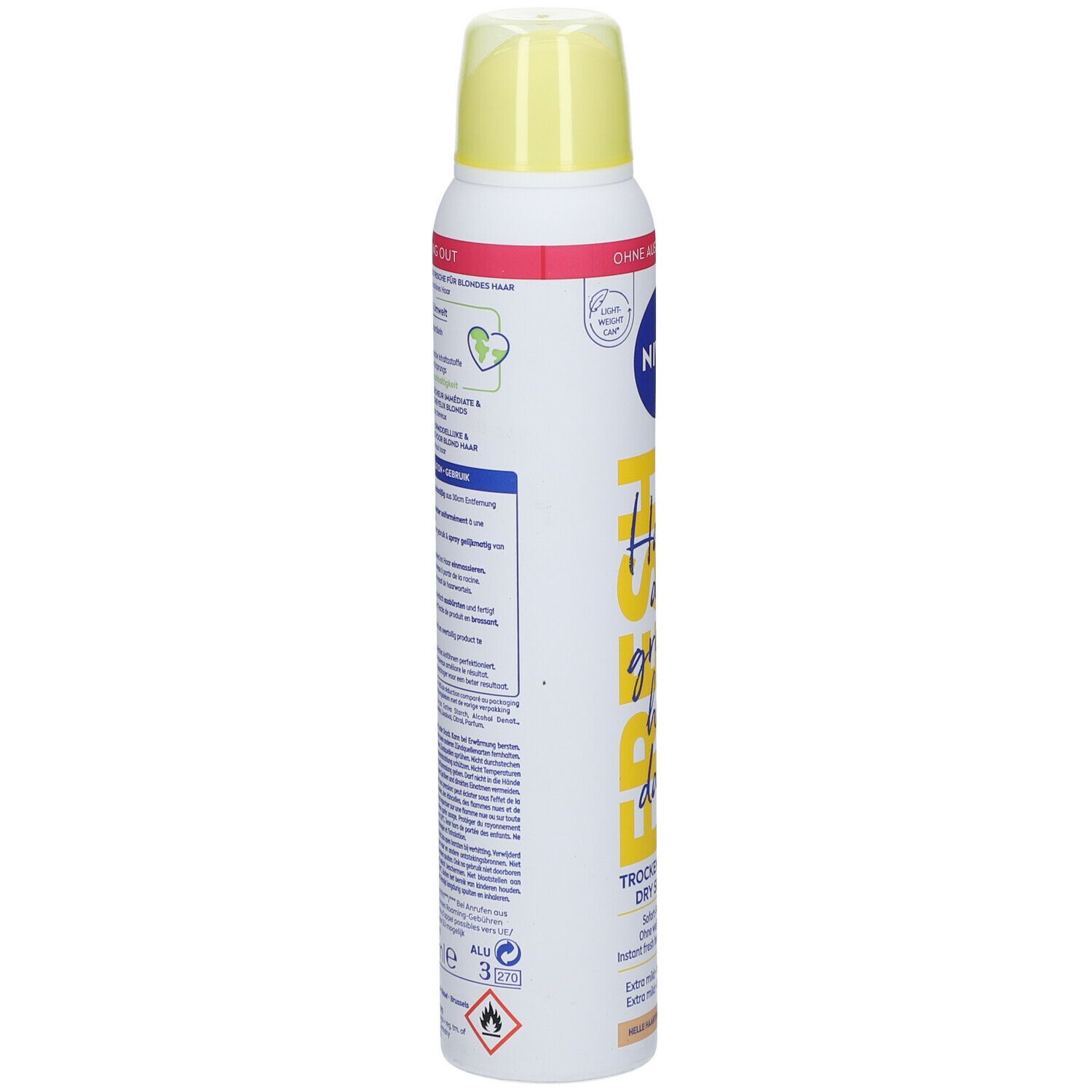 NIVEA Trockenshampoo, Rückseite. Text: Für blondes Haar, ohne Austrocknen, vegane Formel. Inhaltsstoffe, Warnhinweise.