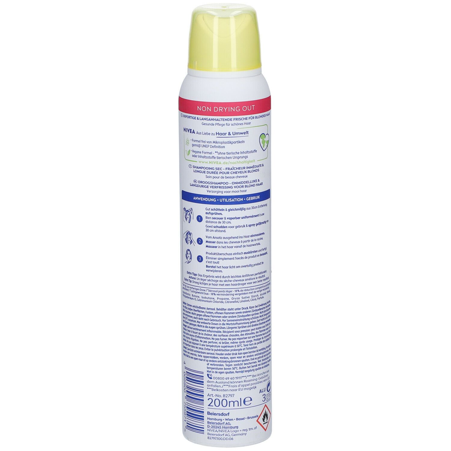 NIVEA Trockenshampoo, Rückseite. Text: Für blondes Haar, ohne Austrocknen, vegane Formel. Anwendungshinweise, Inhaltsstoffe.