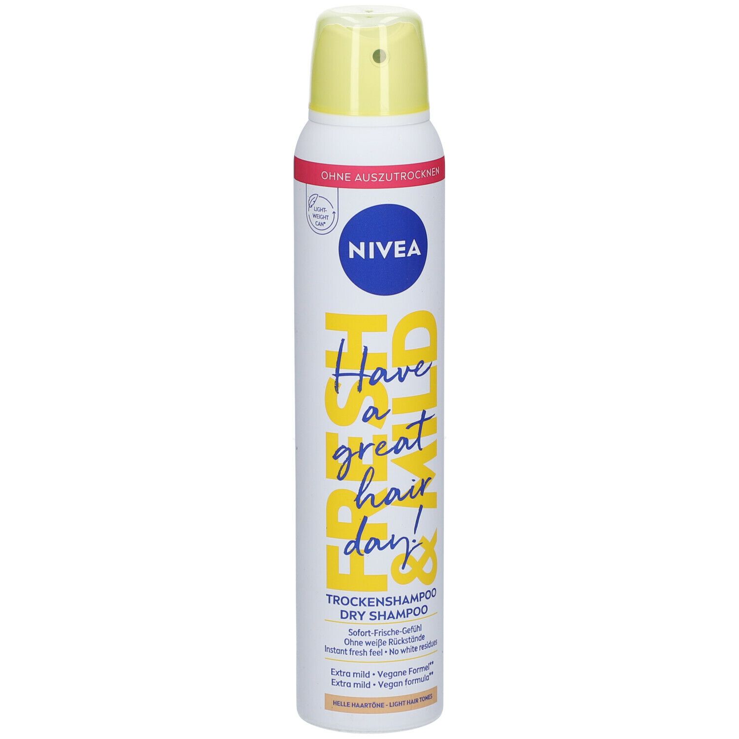 NIVEA Trockenshampoo, weiße Dose mit gelbem Sprühkopf. Aufschrift: Fresh & Mild, Trockenshampoo, für blondes Haar. Vegan.