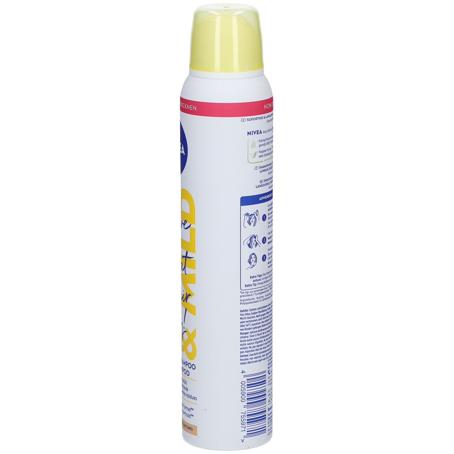 NIVEA Trockenshampoo, Rückseite. Text: Für blondes Haar, ohne Austrocknen, vegane Formel. Anwendungshinweise, Inhaltsstoffe.
