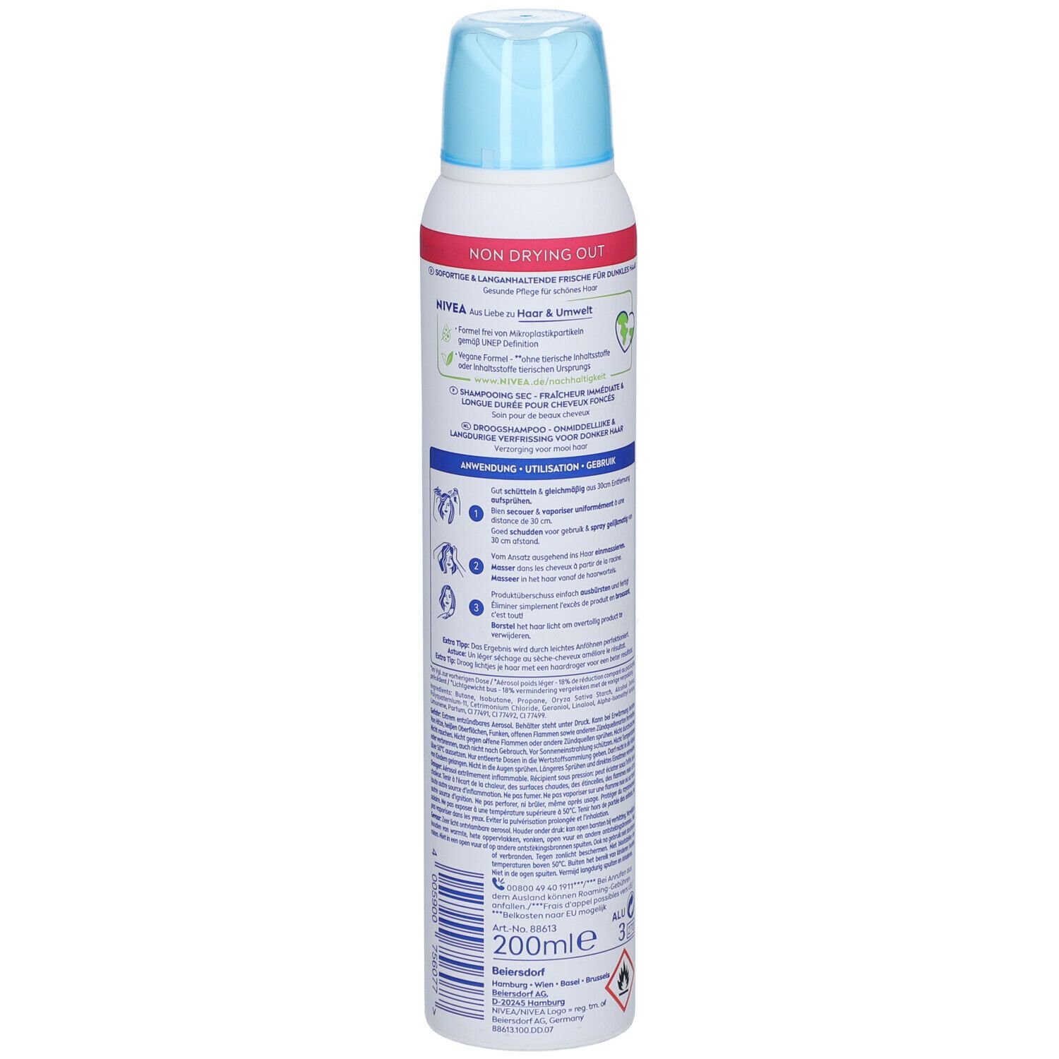 Rückseite der NIVEA Fresh Revive Trockenshampoo-Dose. Produktinformationen, Anwendungsanleitung und Logos.