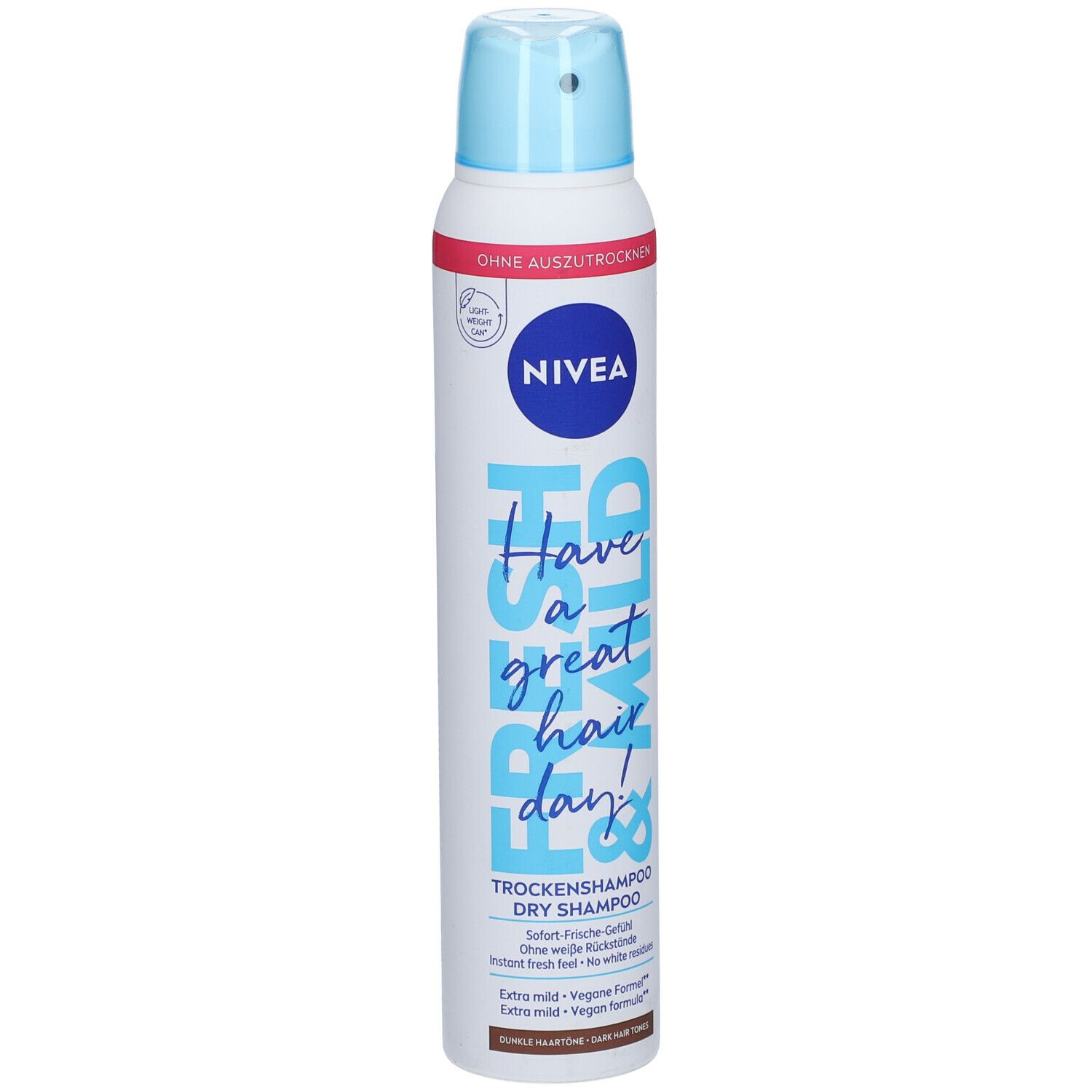 NIVEA Fresh Revive Trockenshampoo für dunkles Haar. Weiße Dose mit blauem Deckel. Aufschrift 'Fresh & Mild'.