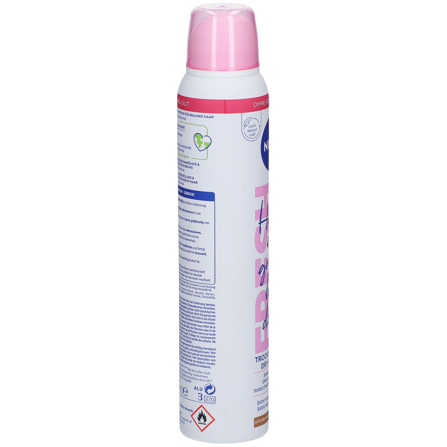 NIVEA shampooing sec, dos. Texte et symboles. Vegan, sans dessèchement, 200ml, 3 ans de conservation.