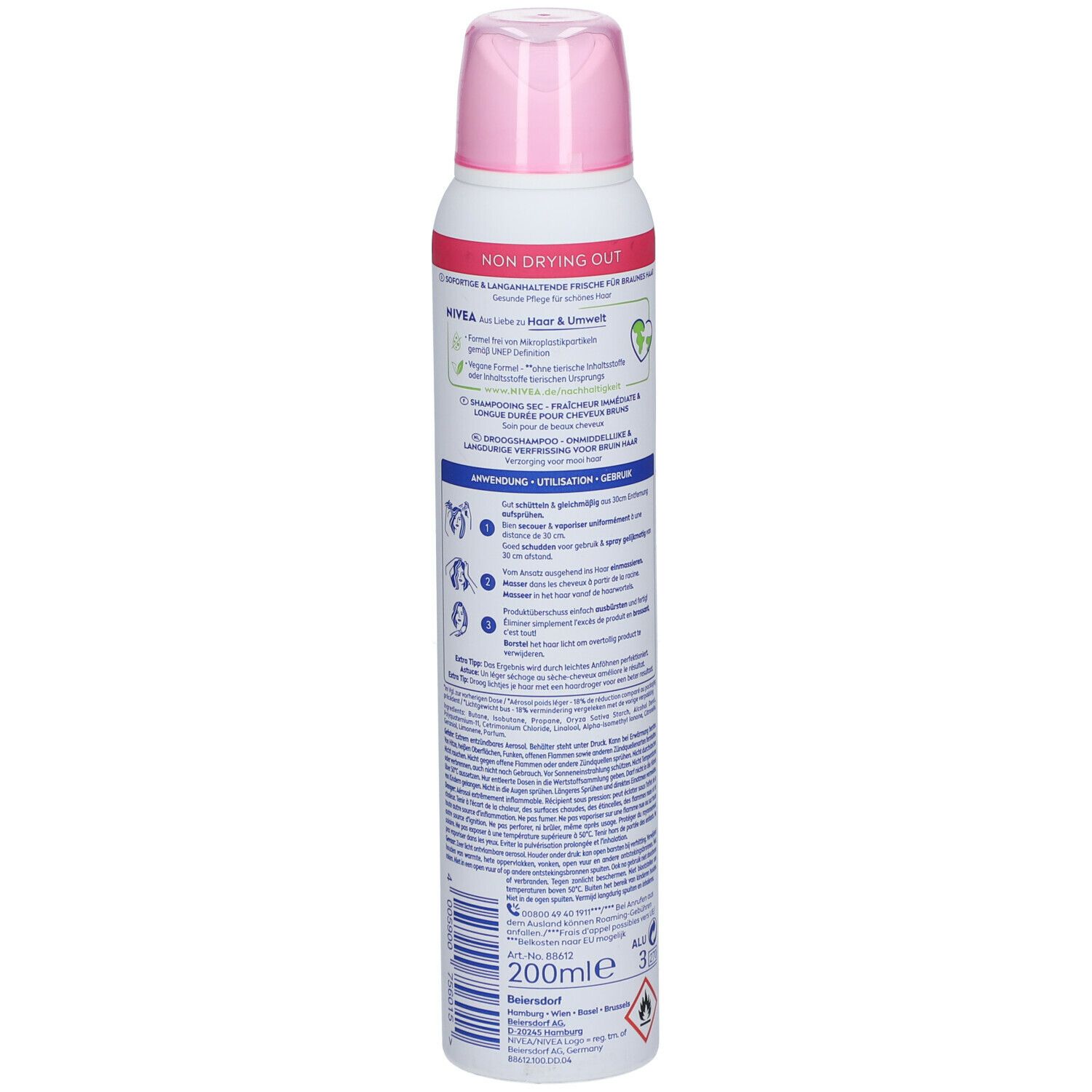 NIVEA shampooing sec, dos. Texte et symboles. Vegan, sans dessèchement, 200ml.