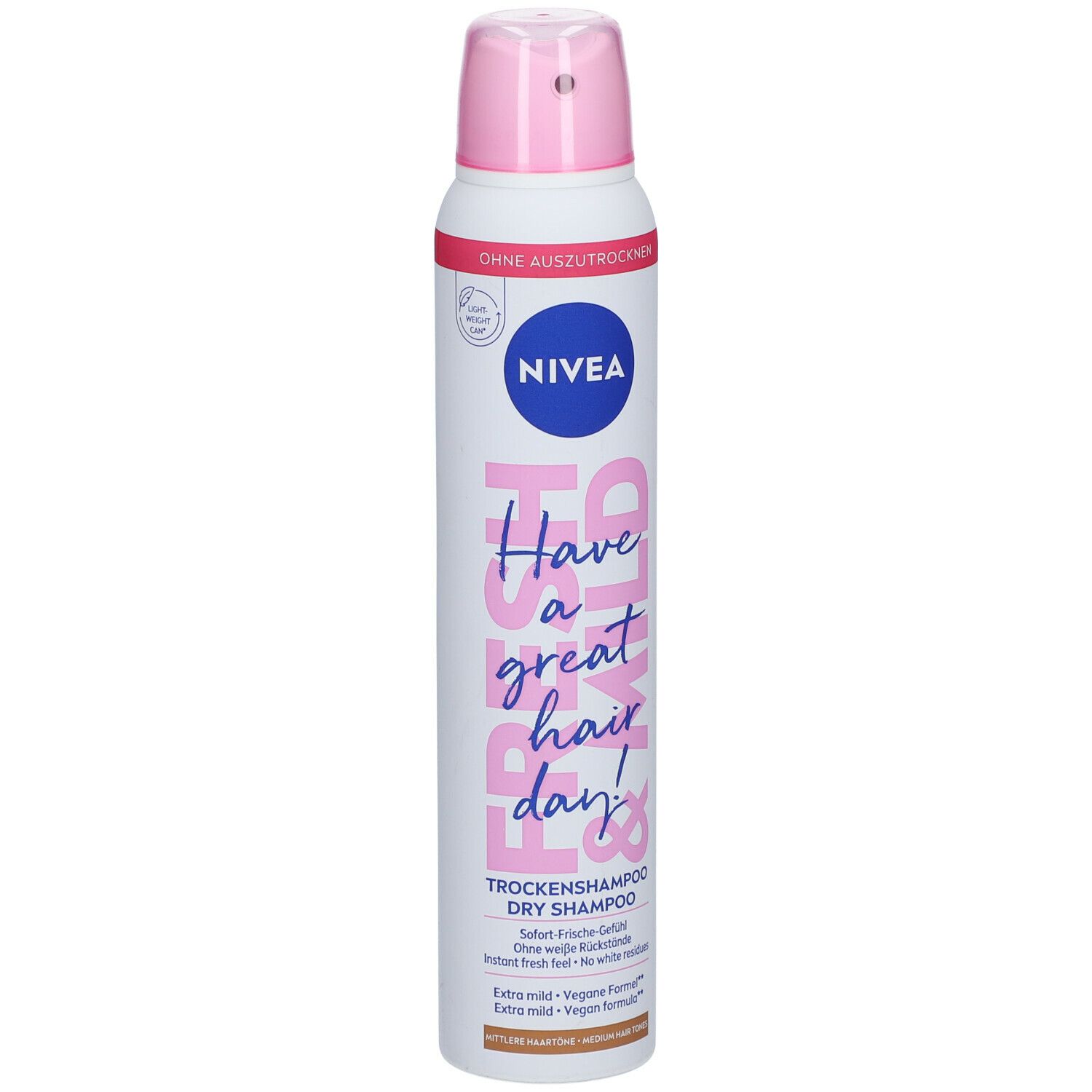 Shampooing sec NIVEA, flacon blanc et rose. Inscription : Fresh & Mild, Have a great hair day ! Vegan.