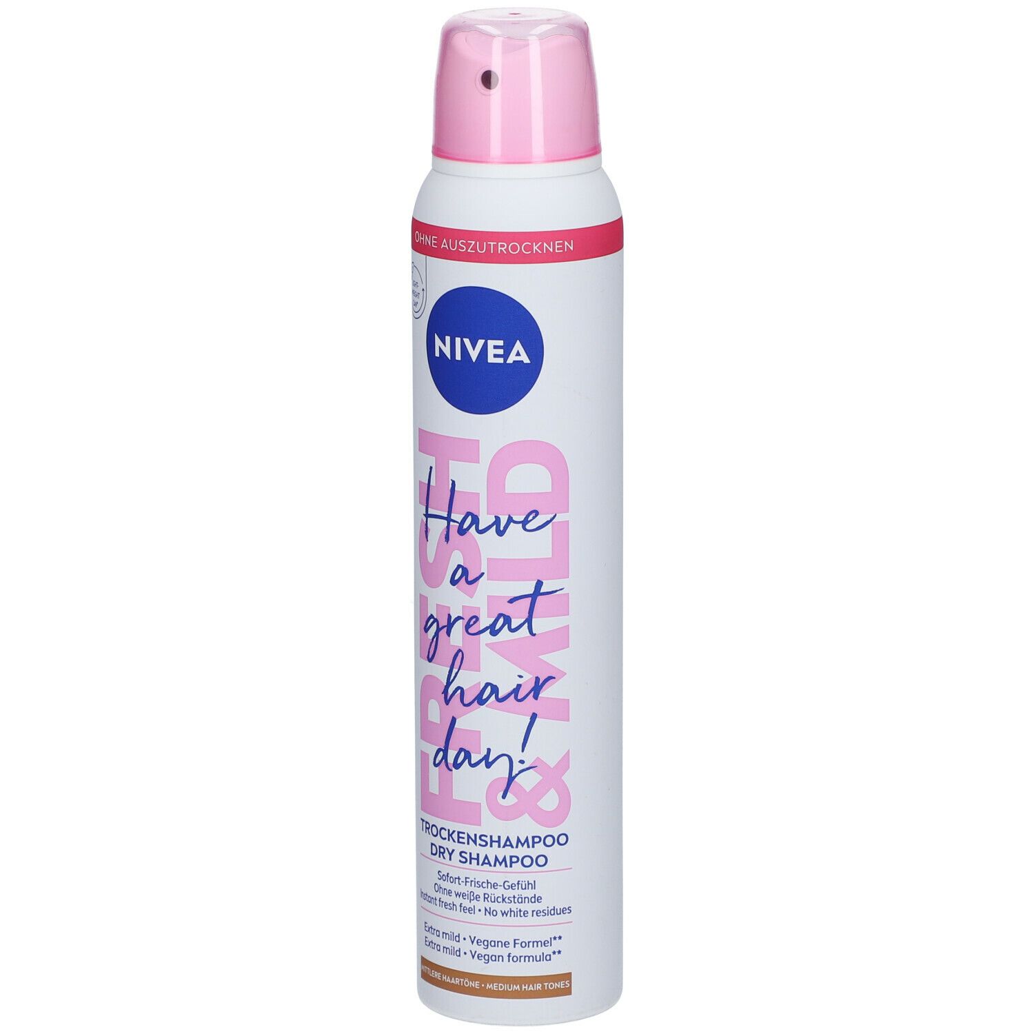 Shampooing sec NIVEA, flacon blanc et rose. Inscription : Fresh & Mild, Have a great hair day ! Vegan.
