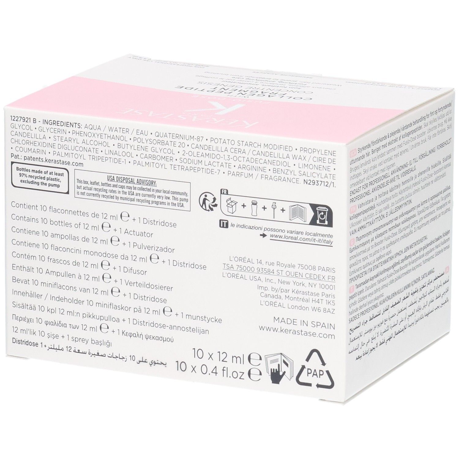 Kérastase Fusio-Dose Booster Brillance Verpackung mit Inhaltsstoffen und Dosierungsangaben.