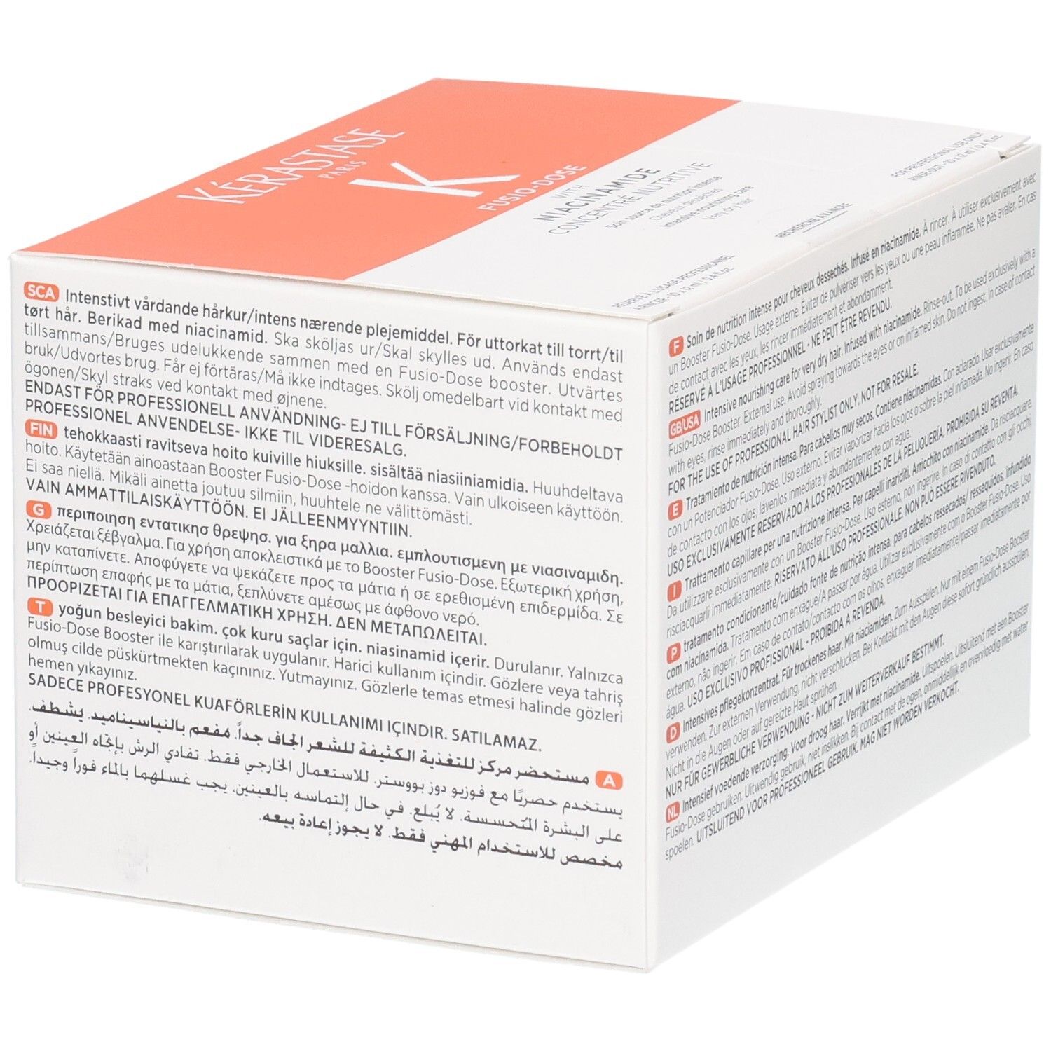 Kérastase Fusio-Dose Concentré Niacinamide Oleo-Fusion Box mit mehrsprachigen Anwendungshinweisen.