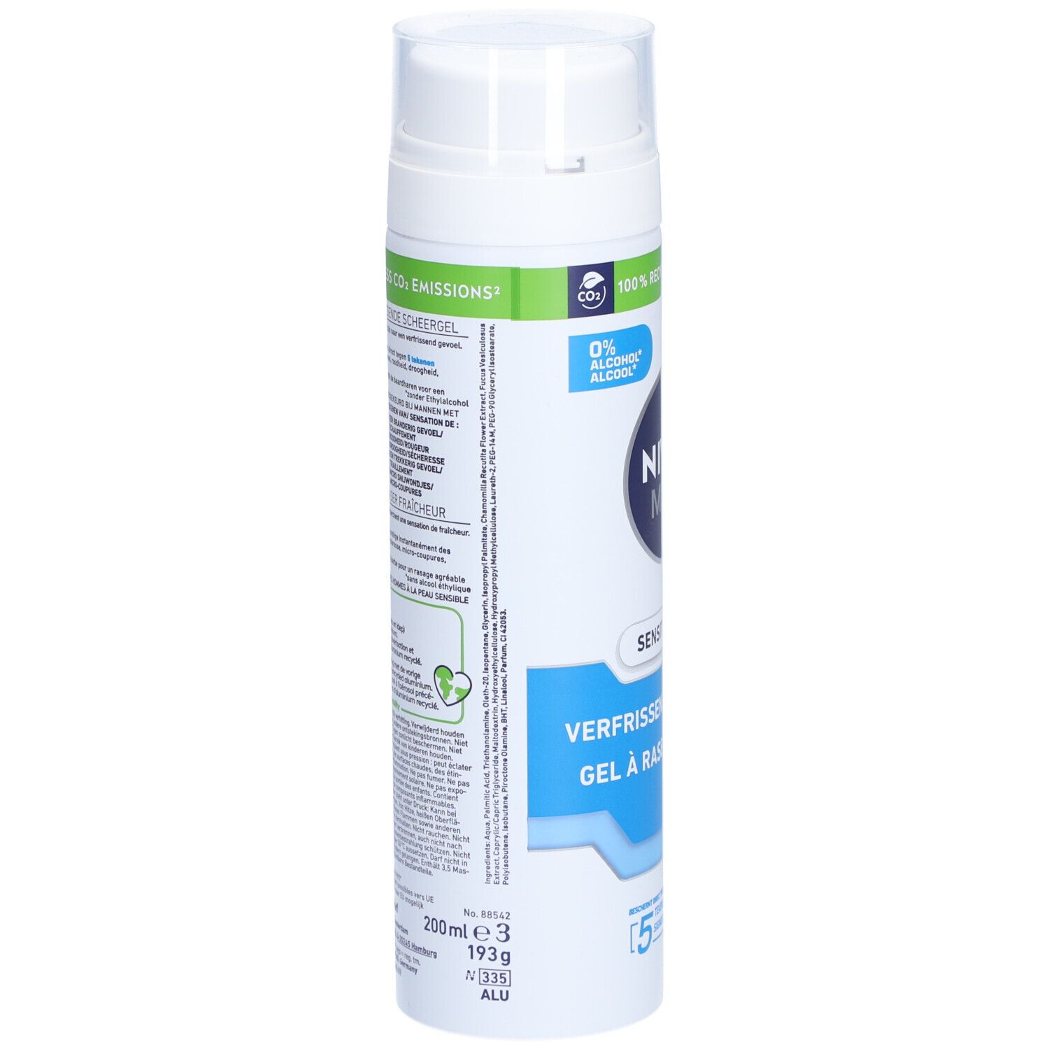 NIVEA MEN Sensitive Cool Rasiergel. Weiße Dose, Text. 200ml. 0% Alkohol. 100% recyceltes Aluminium.