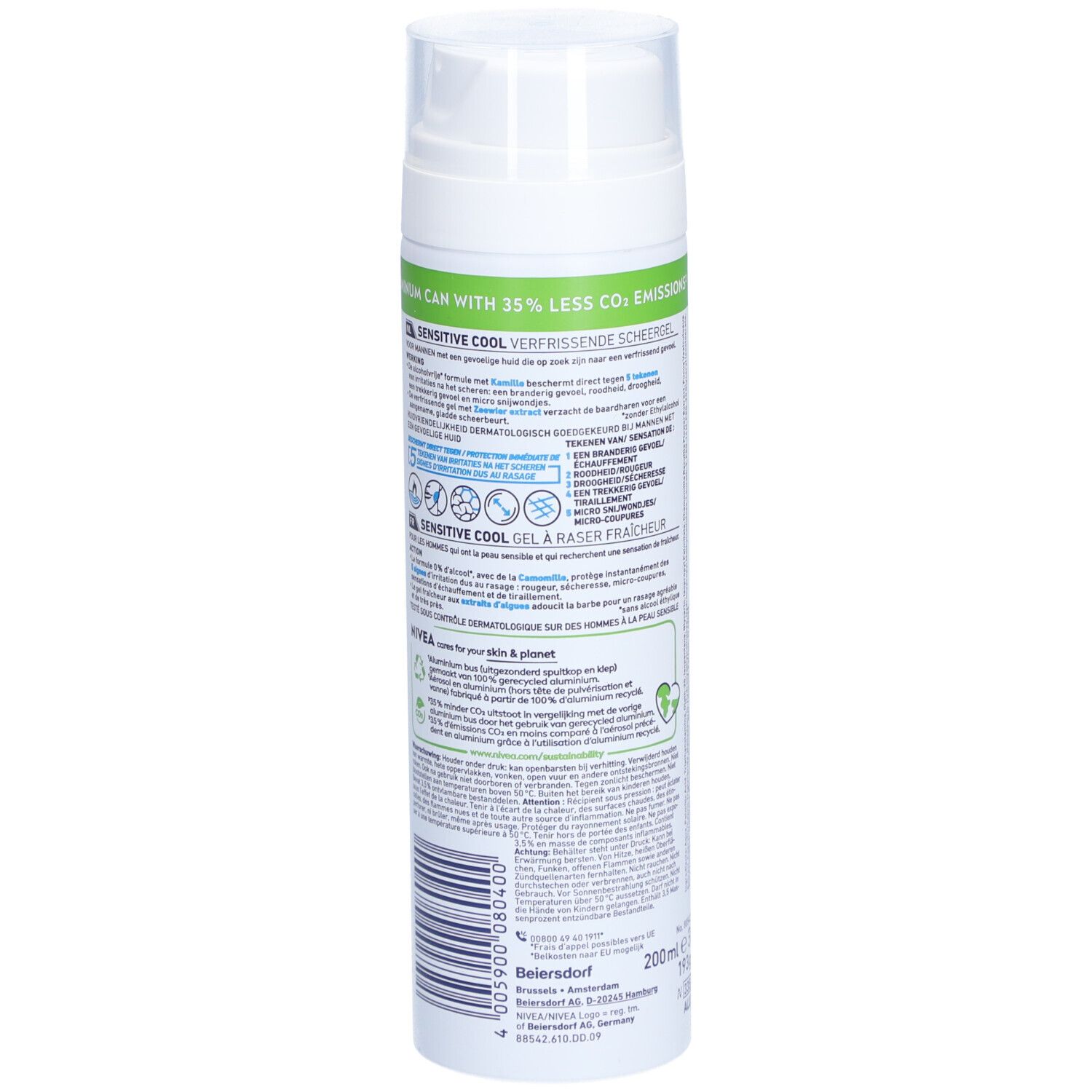 Rückseite NIVEA MEN Sensitive Cool Rasiergel. Text, 200ml. 0% Alkohol. 100% recyceltes Aluminium.