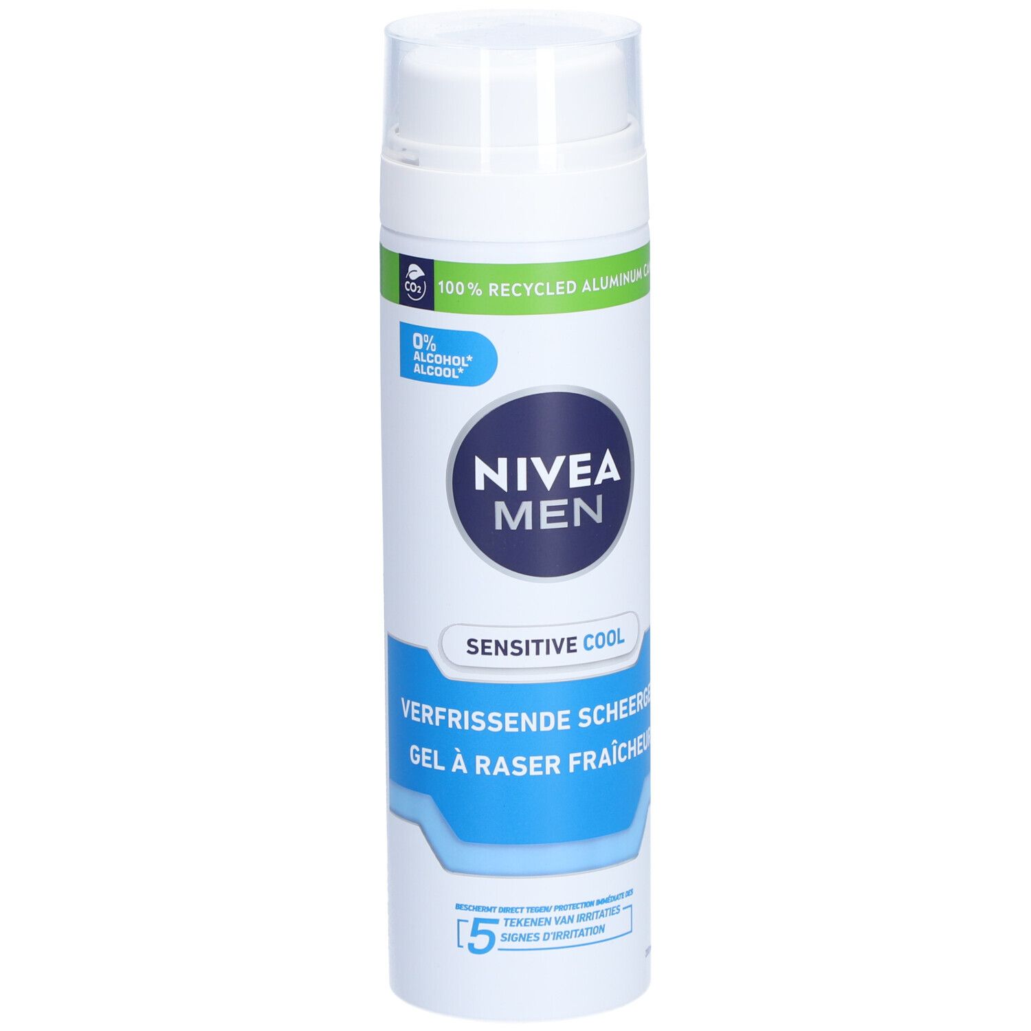NIVEA MEN Sensitive Cool Rasiergel. Weiße Dose mit blauem Logo. 0% Alkohol. 100% recyceltes Aluminium.