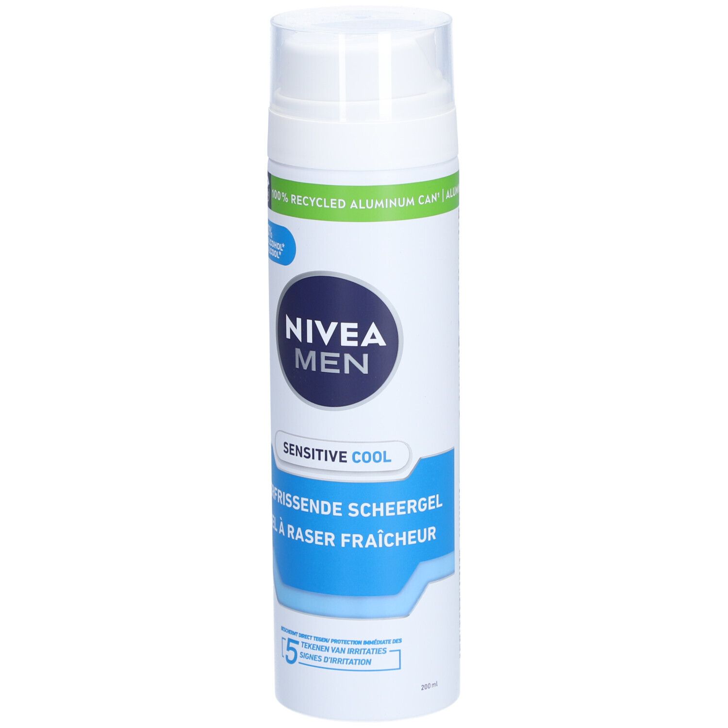 NIVEA MEN Sensitive Cool Rasiergel. Weiße Dose mit blauem Logo. 0% Alkohol. 100% recyceltes Aluminium.