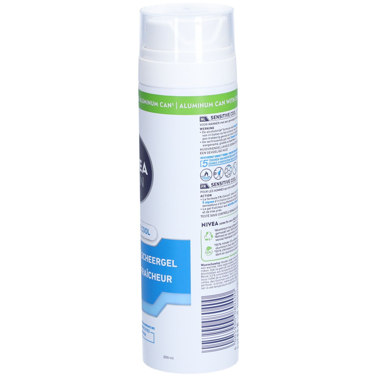 NIVEA MEN Sensitive Cool Rasiergel. Weiße Dose, Text. 0% Alkohol. 100% recyceltes Aluminium.