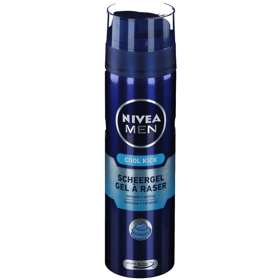 Flacon bleu et argenté de gel à raser NIVEA MEN Cool Kick. Inscriptions visibles : Cool Kick, Gel à raser.