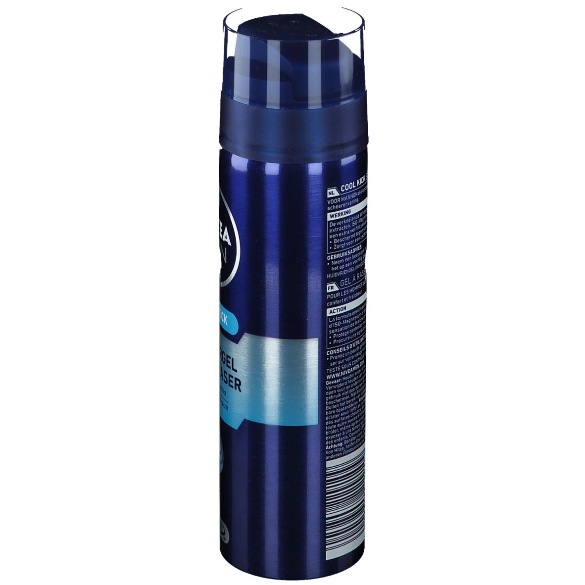 Flacon bleu, vue latérale. Gel à raser NIVEA MEN Cool Kick. Code-barres et texte au dos.