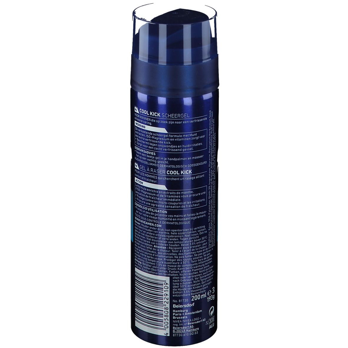 Dos du flacon bleu NIVEA MEN Cool Kick Gel à raser. Texte multilingue, code-barres, informations fabricant.