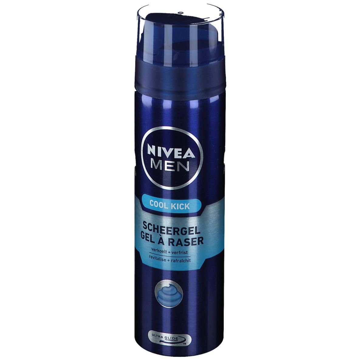 Flacon bleu NIVEA MEN Cool Kick Gel à raser. Inscriptions visibles : Cool Kick, Gel à raser.