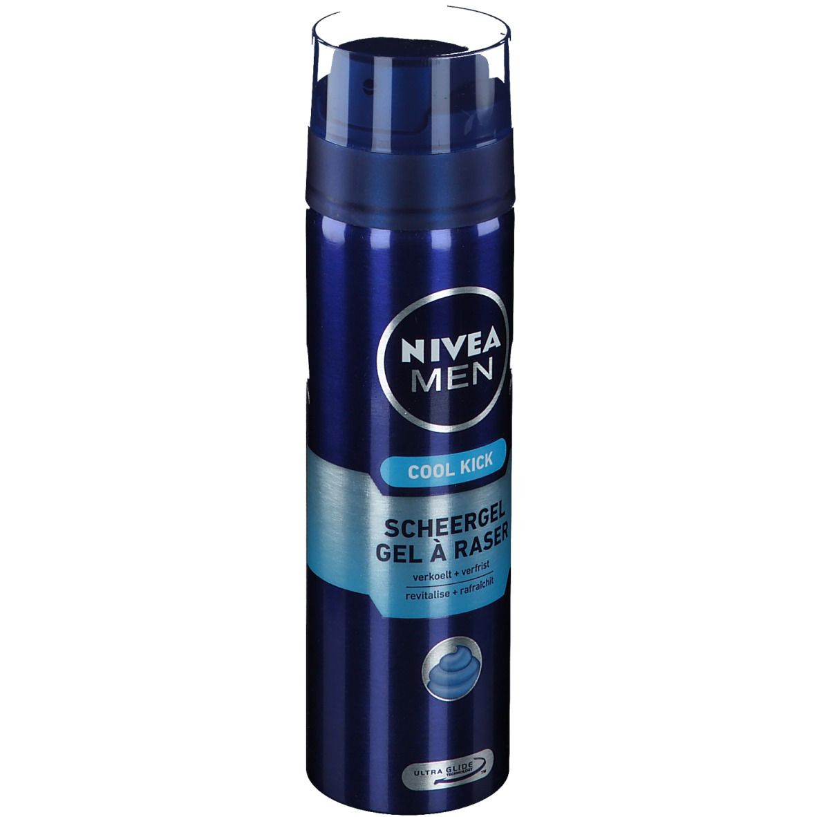Flacon bleu NIVEA MEN Cool Kick Gel à raser. Inscriptions visibles : Cool Kick, Gel à raser.