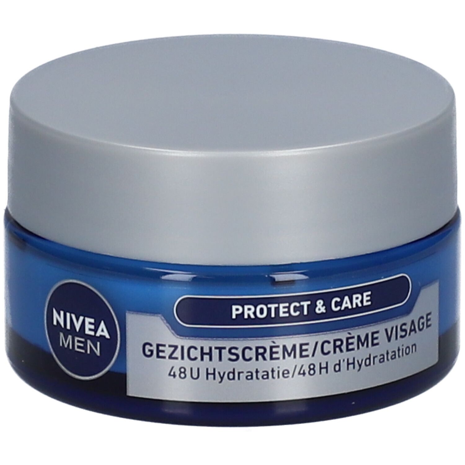 Blaue Creme-Dose mit silbernem Deckel. Aufschrift: NIVEA MEN, Protect & Care, Gesichtscreme/Crème Visage, 48H Hydratation.