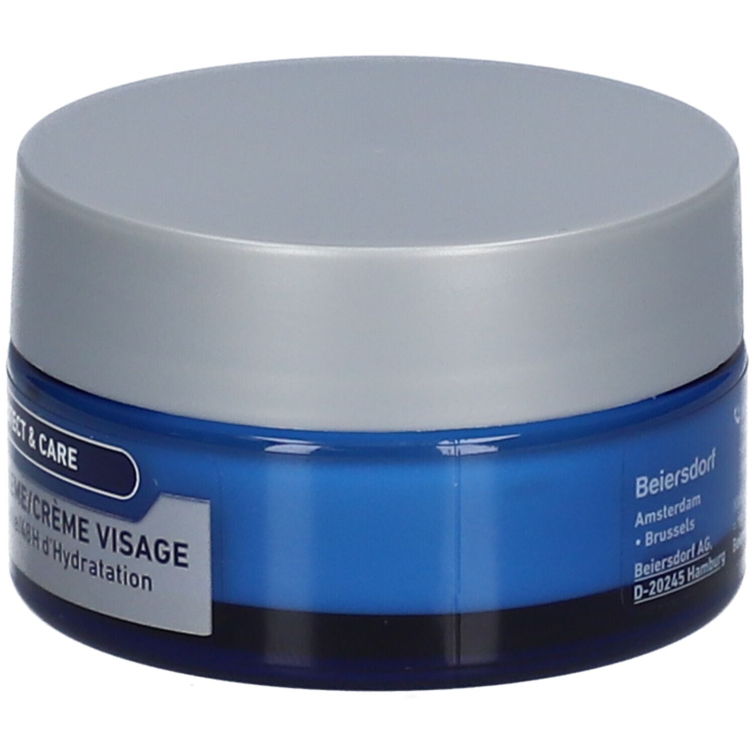 Blaue Creme-Dose mit silbernem Deckel. Aufschrift: Protect & Care, Gesichtscreme/Crème Visage, 48H Hydratation.
