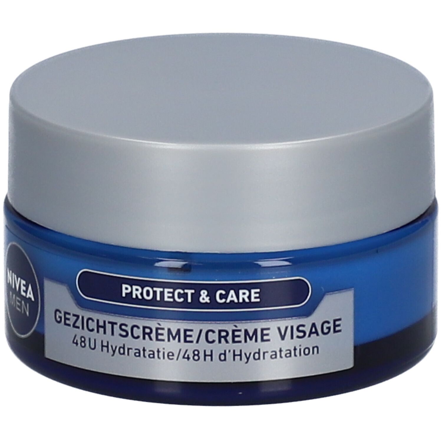 Blaue Creme-Dose mit silbernem Deckel. Aufschrift: NIVEA MEN, Protect & Care, Gesichtscreme/Crème Visage, 48H Hydratation.